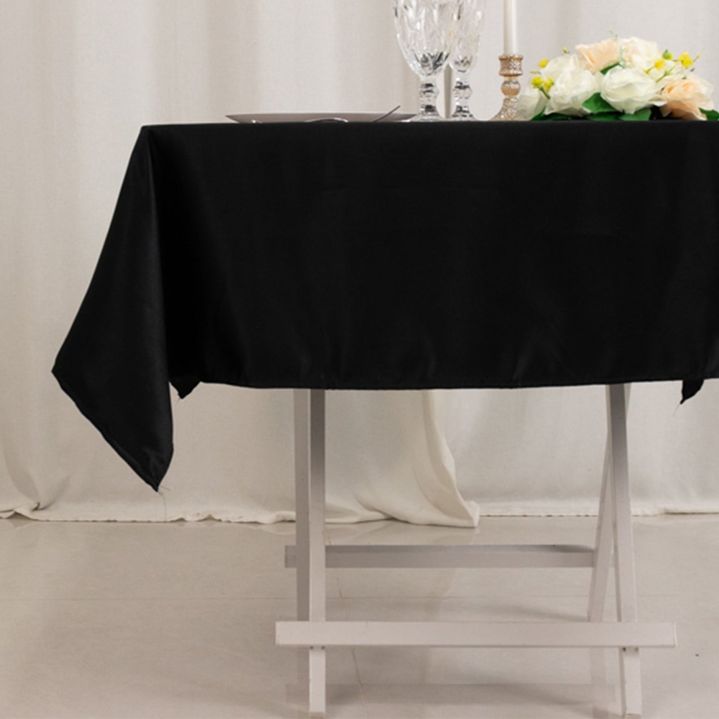 Lamour Satin 54"x54" Square Tablecloth Black - Durable & Silk-Like Table Cover for Weddings & Parties