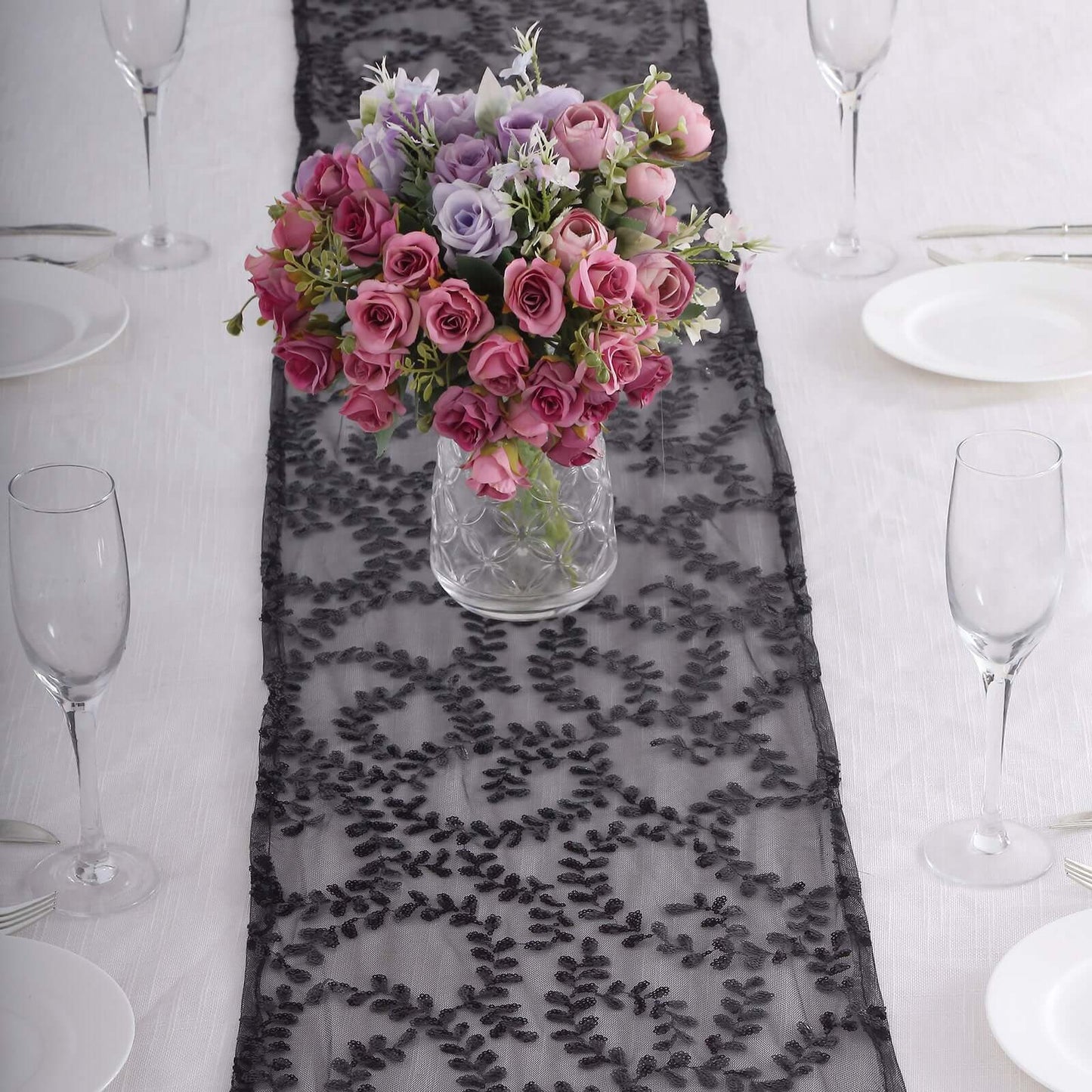 Mesh 12"x108" Table Runner Black - Leaf Vine Embroidery