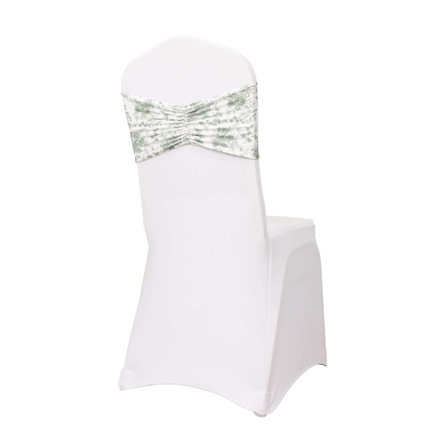5 Pack Spandex Chair Sashes White/Dusty Sage Green French Toile Floral Pattern - Wide Wrinkle-Free Stretchable Chair Bands 8"x13"