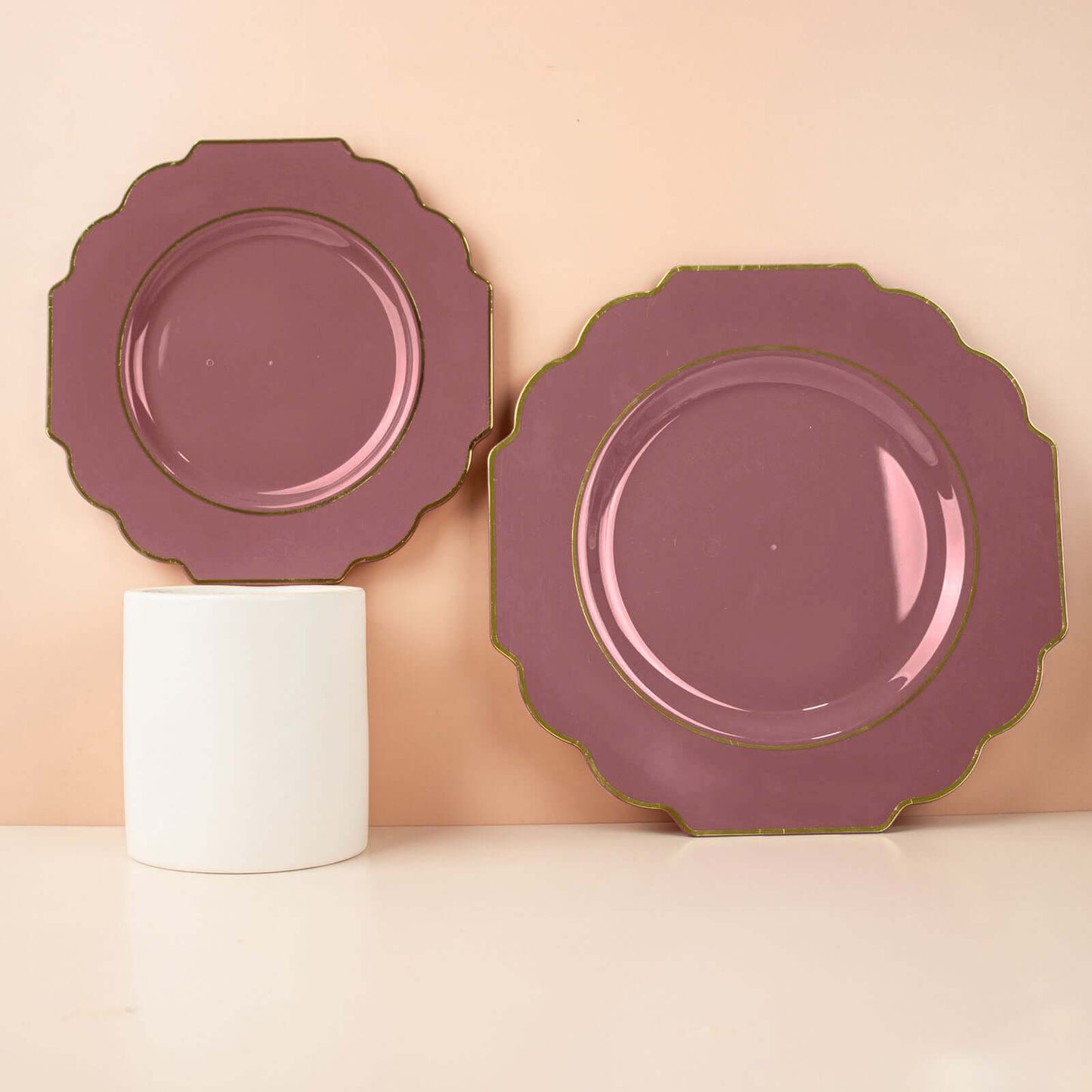 10-Pack Plastic Dinner Plates in Cinnamon Rose Baroque Design with Scalloped Gold Rim - Heavy Duty Disposable Party Plates 11"