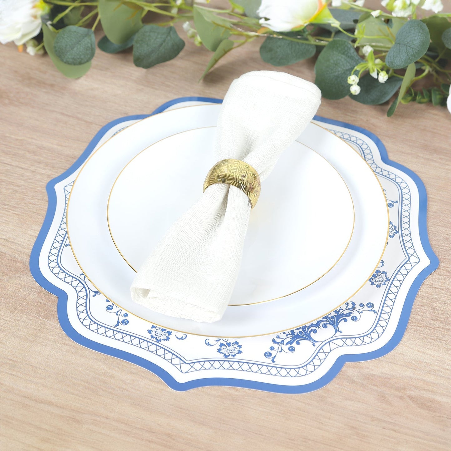 10 Pack Cardboard Paper Table Mats with White Royal Blue Damask Floral Pattern, 13" Round Disposable Placemats with Scalloped Rim - 400 GSM