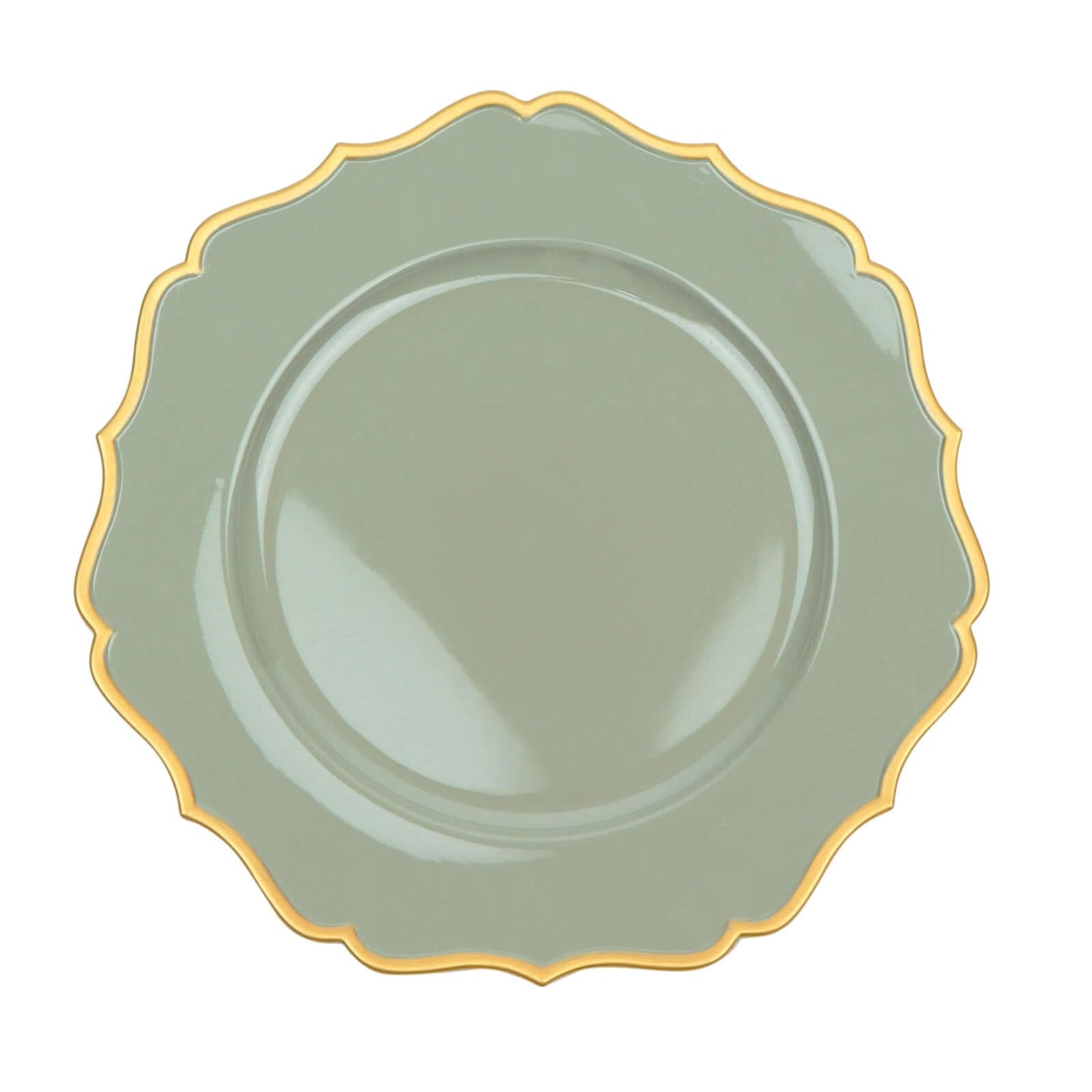 6-Pack Acrylic Round Charger Plates 13" in Dusty Sage Green with Gold Scalloped Rim, Decorative Dinner Party Plastic Charger Tableware