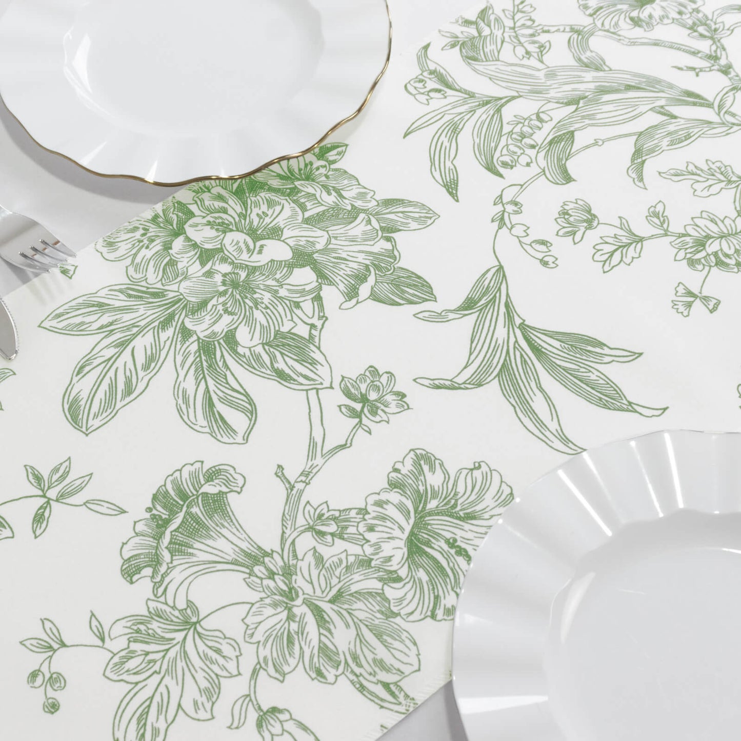Polyester Table Runner 12"x108" White with Dusty Sage Green French Toile Floral Print Reusable Table DÃ©cor