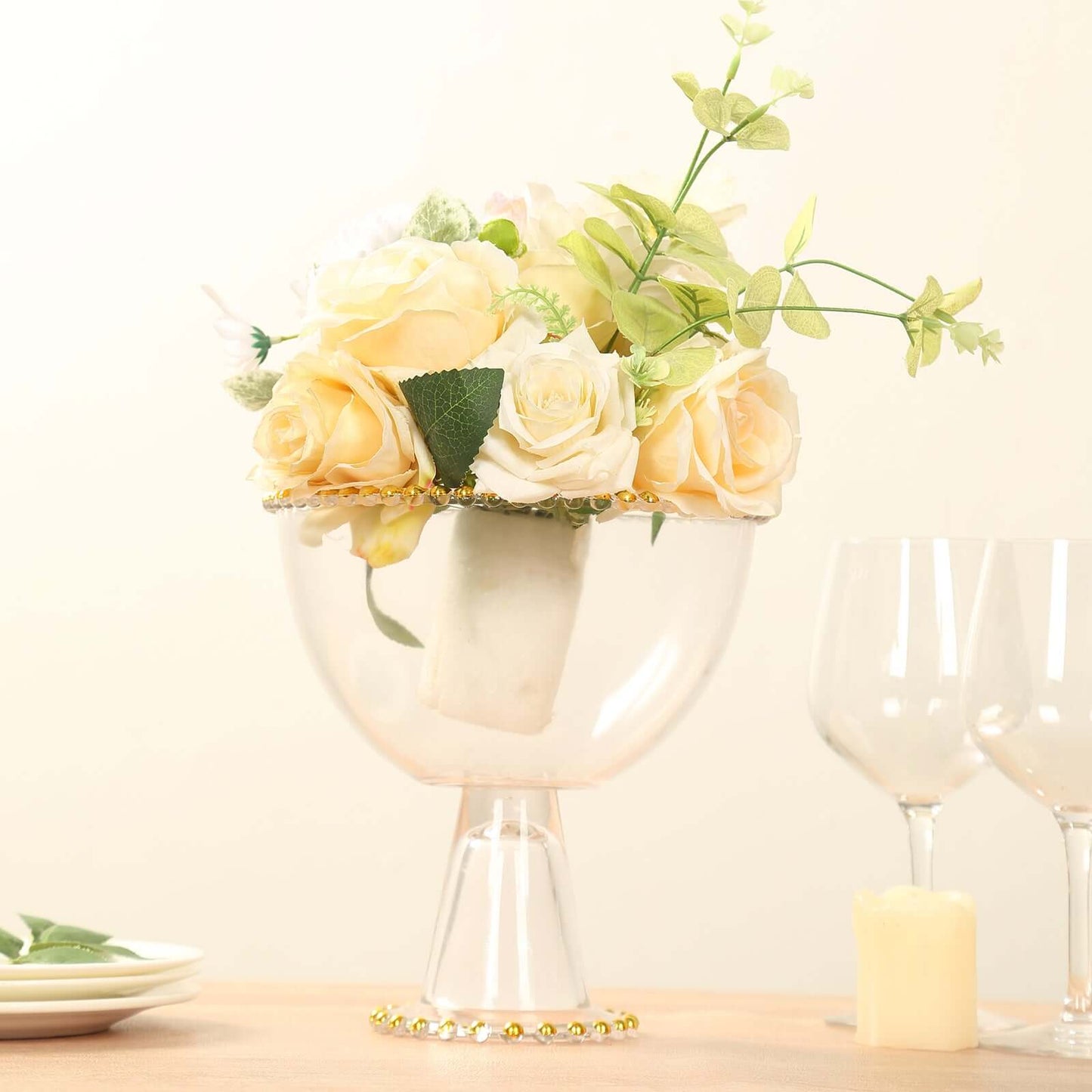 Compote Pedestal Bowl Glass Flower Vase Clear with Gold Beaded Rim - Footed Candy Trifle Bowl for Displays 8"