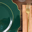 10-Pack Plastic Dinner Plates in Hunter Emerald Green Baroque Design with Scalloped Gold Rim - Heavy Duty Disposable Party Plates 11"
