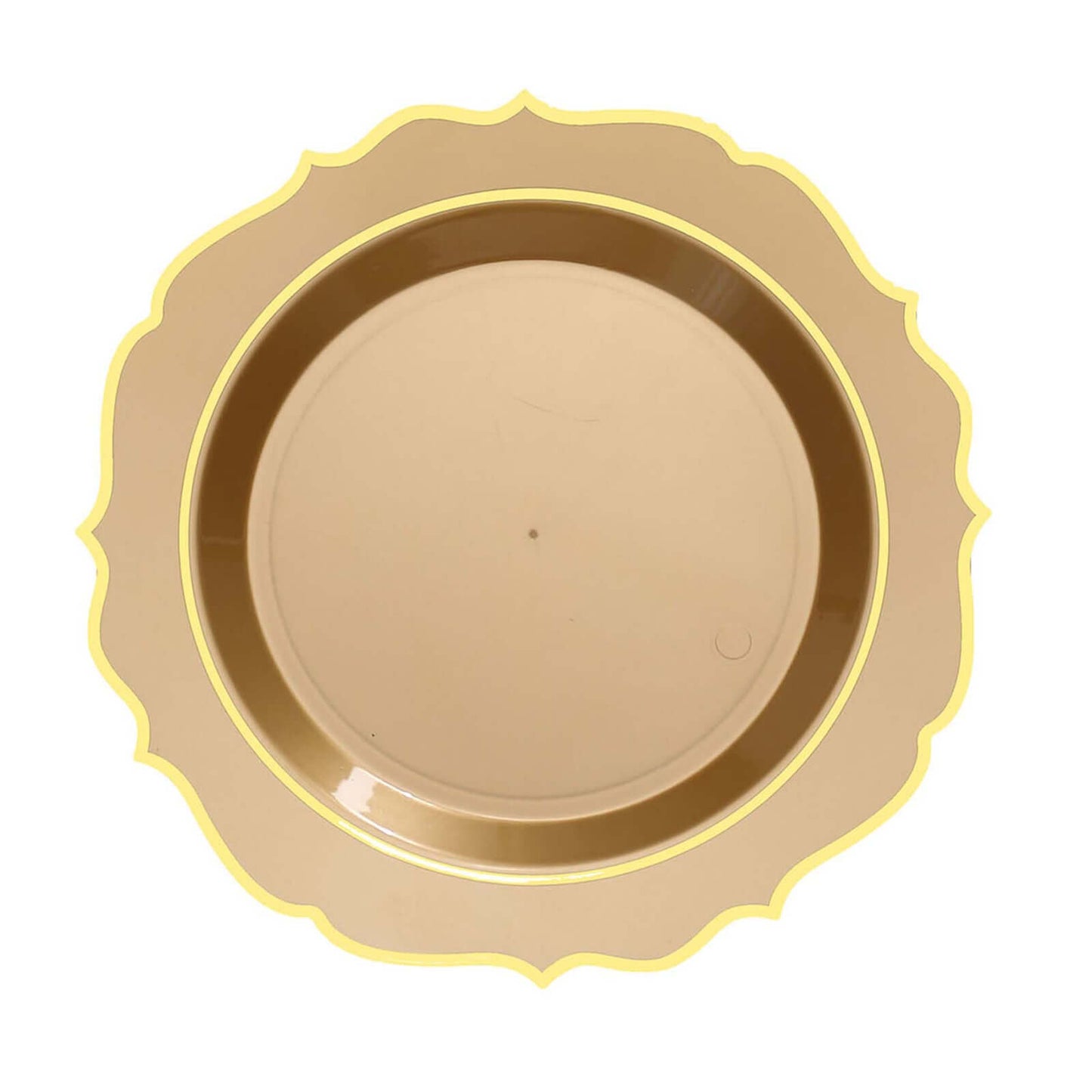 10-Pack Plastic 10" Round Dinner Plates in Gold with Gold Scalloped Rim - Disposable Party Plates