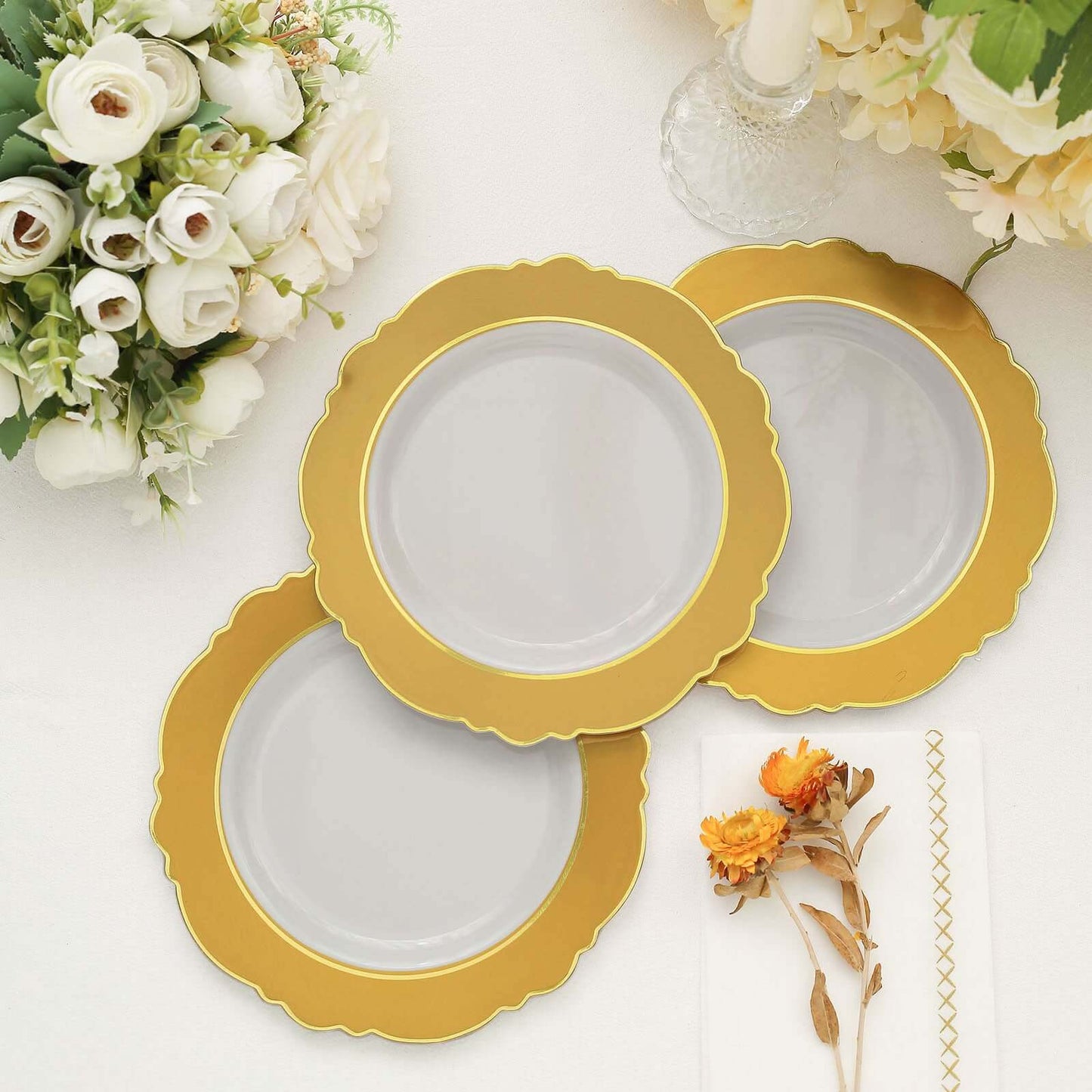 10-Pack Plastic 8" Round Dessert Plates in White with Gold Blossom Design & Gold Edging - Disposable Salad Appetizer Plates for Modern & Classy Table Decor