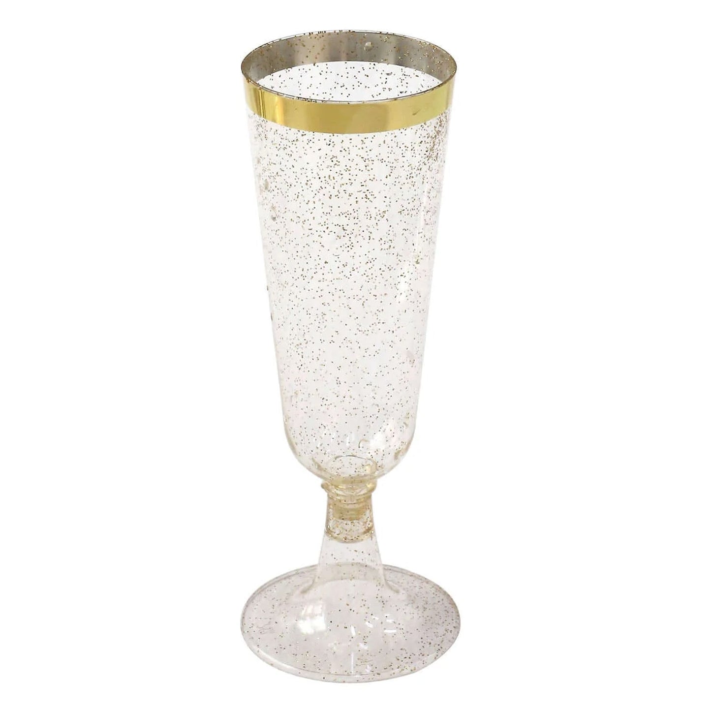 12-Pack Plastic Champagne Flutes Clear Gold Glittered with Gold Rim - Stylish Disposable Cocktail Glasses for Parties 6oz 6"