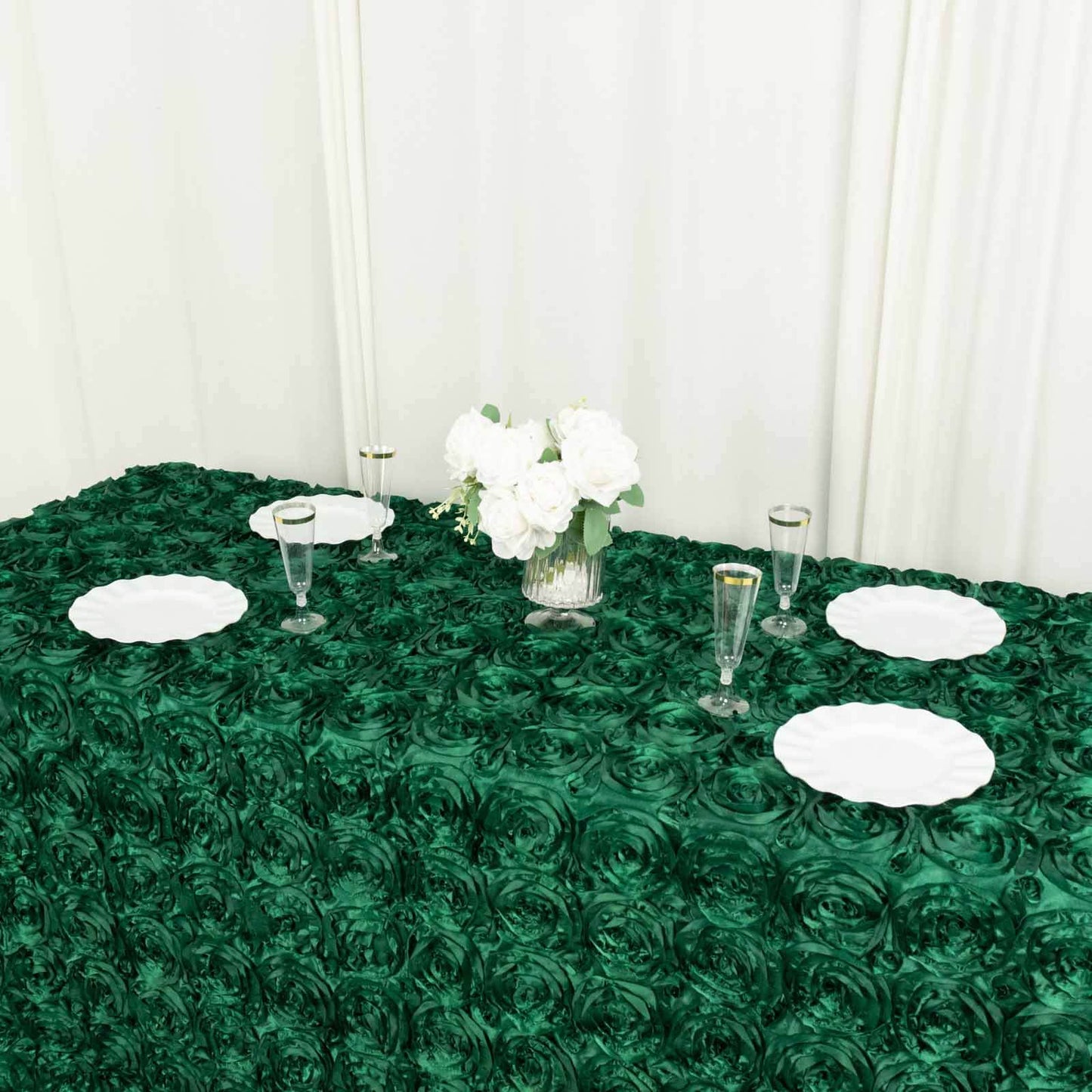 Satin 90"x132" Rectangle Tablecloth Hunter Emerald Green - Grandiose 3D Rosette Seamless Table Cover