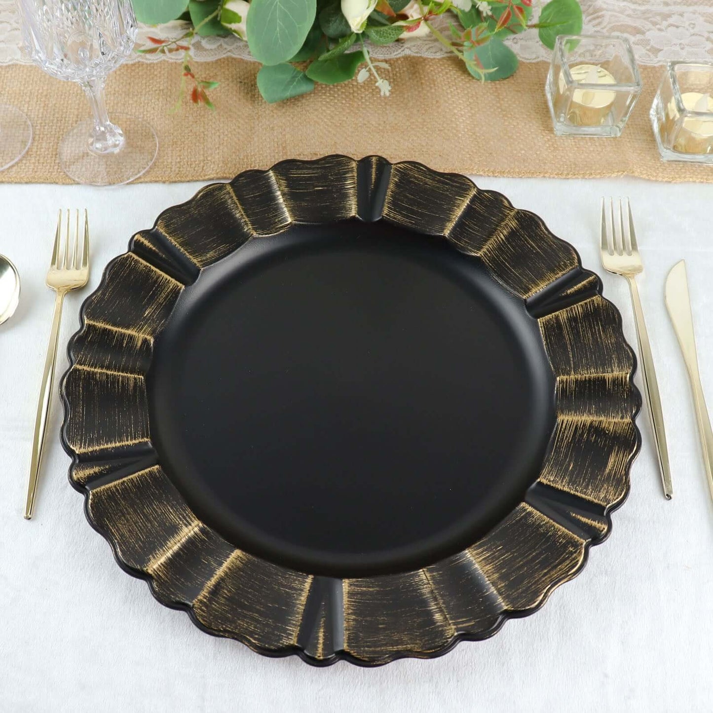 6-Pack Acrylic Plastic Round Charger Plates 13" in Matte Black with Gold Brushed Wavy Scalloped Rim, Decorative Dinner Party Charger Tableware
