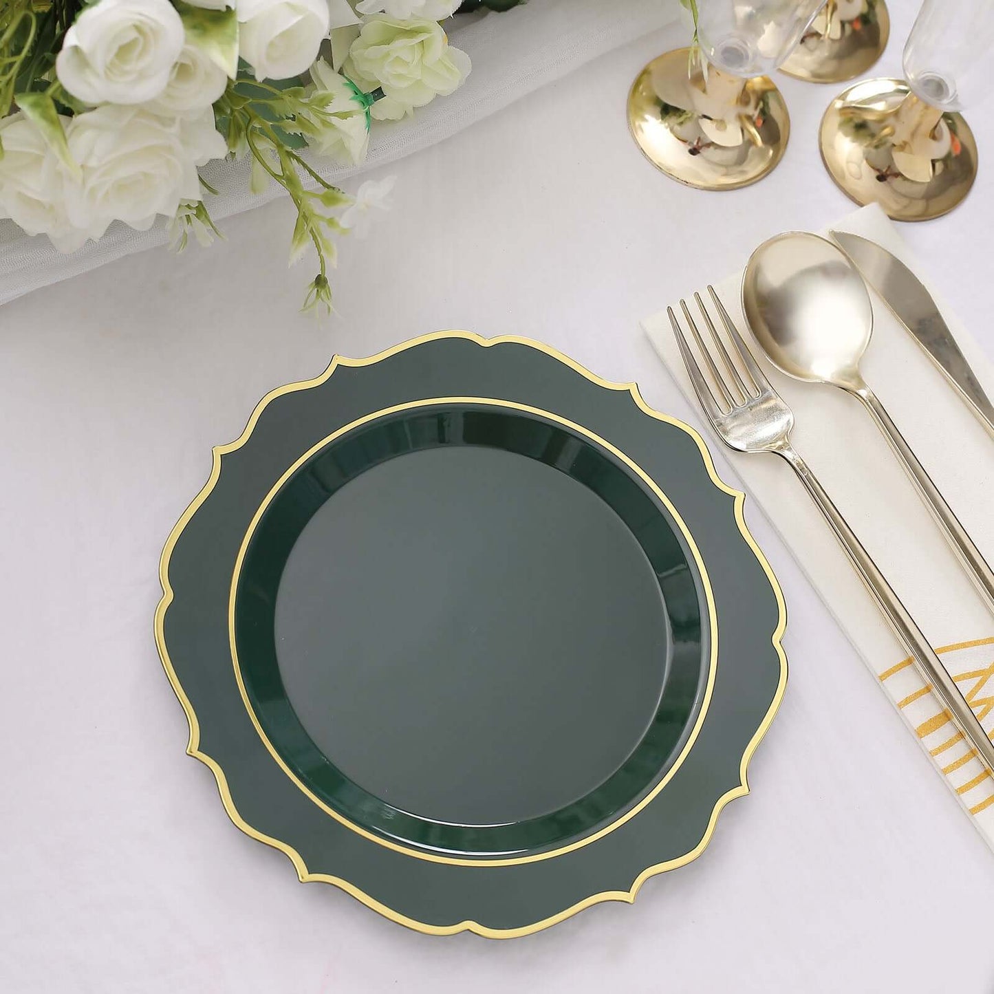 10-Pack Plastic 8" Round Dessert Plates in Hunter Emerald Green with Gold Scalloped Rim - Disposable Appetizer/Salad Plates