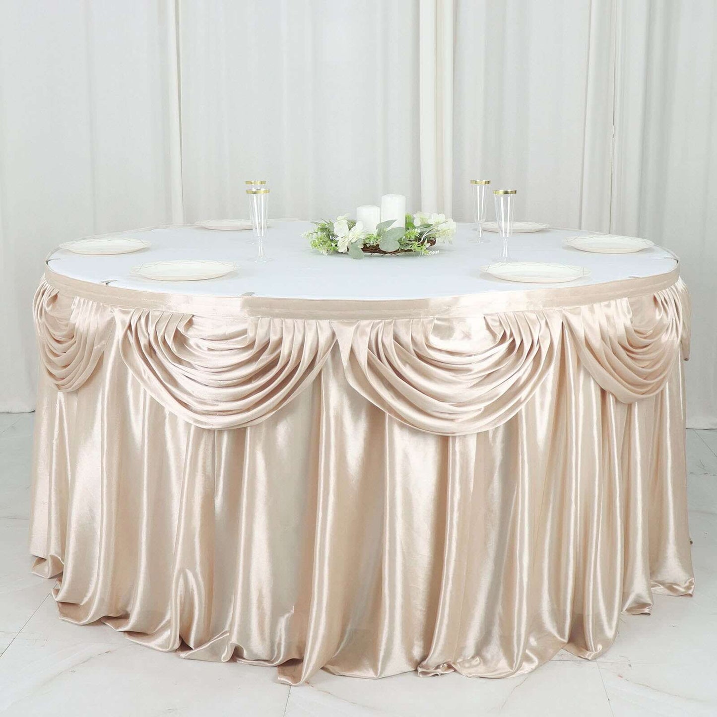 Satin 14ft Table Skirt Beige - Pleated Double Drape Table Cover