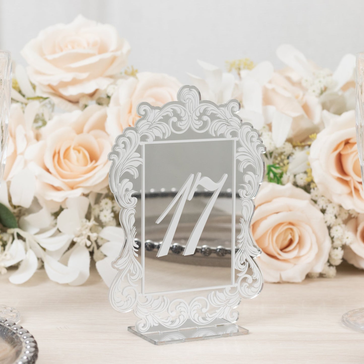 Silver Mirror Arch Acrylic Table Numbers (11-20) - 5"x7" Wedding Reception Signs with Baroque Lace Border, White Print & Stands