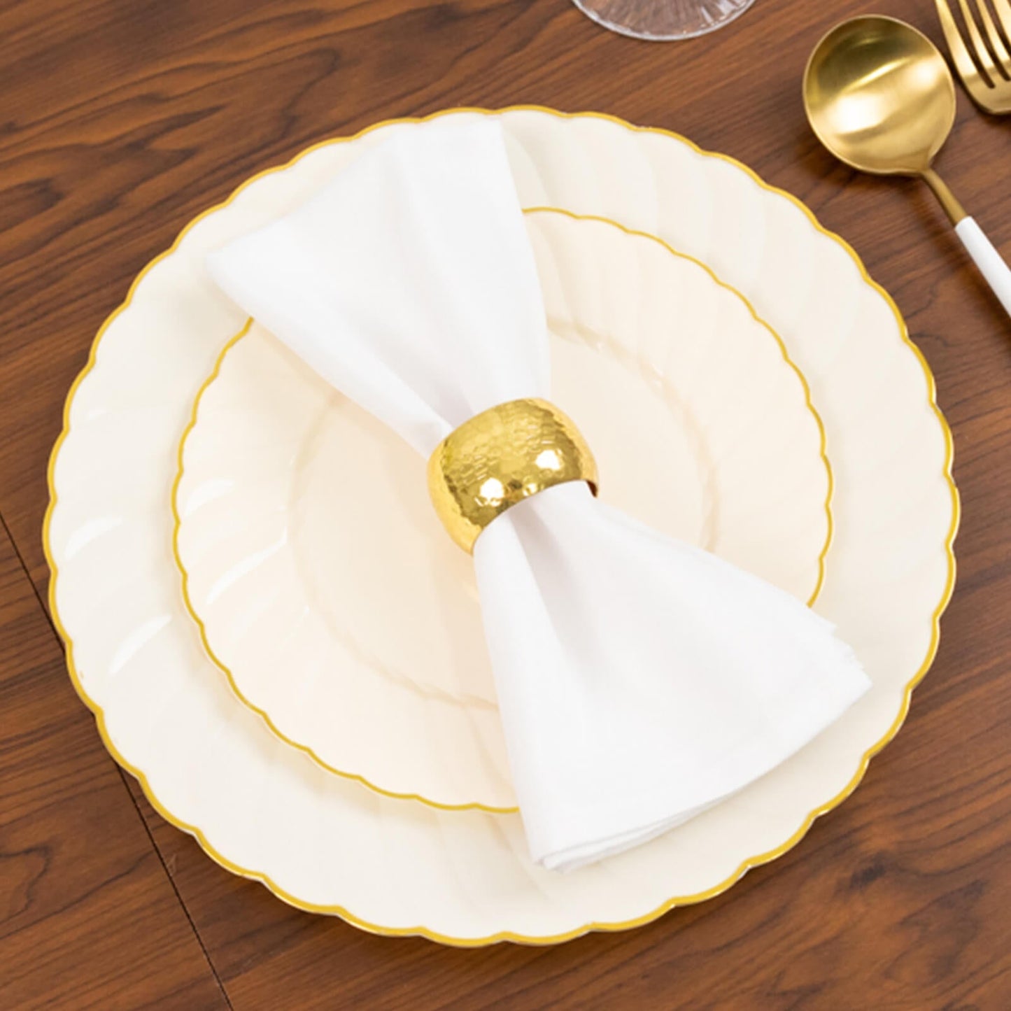 10-Pack Plastic 7.5" Round Salad Dessert Plates in Ivory with Gold Flair Rim - Disposable Party Plates
