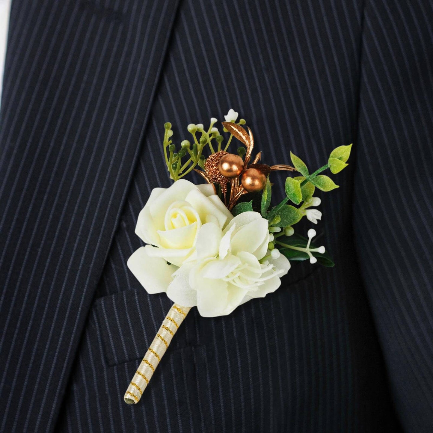 2 Pack White Artificial Rose Boutonniere With Pin, 5" Real Touch Silk Flower Pocket Square