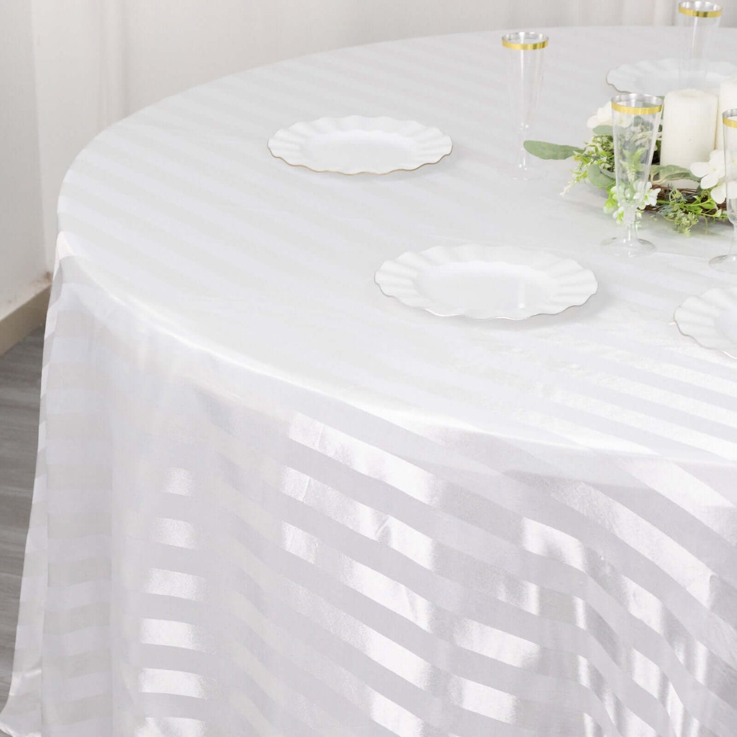 Satin Striped 120" Round Tablecloth White - Silky Smooth Seamless Wedding Decor
