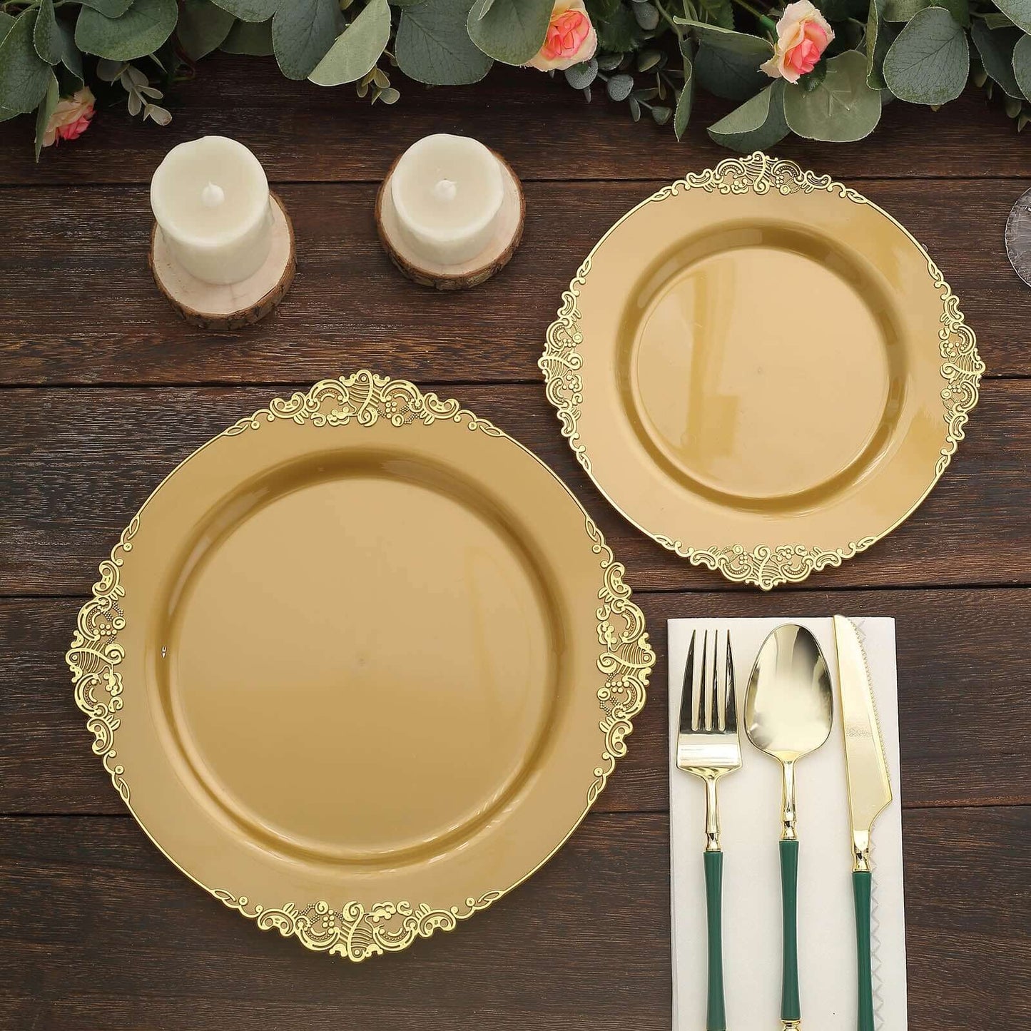 10-Pack Plastic 10" Round Dinner Plates in Gold with Leaf Embossed Rim - Disposable Vintage Baroque Style Plates for Luxurious Gatherings & Events