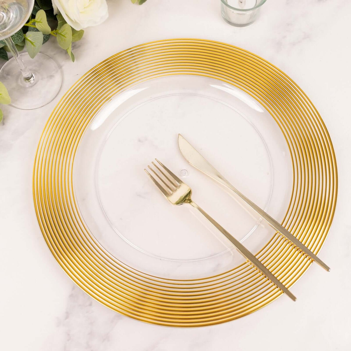 6-Pack Plastic Round Charger Plates 13" in Clear with Gold Lined Ring Rim, Classy Dinner Serving Plates