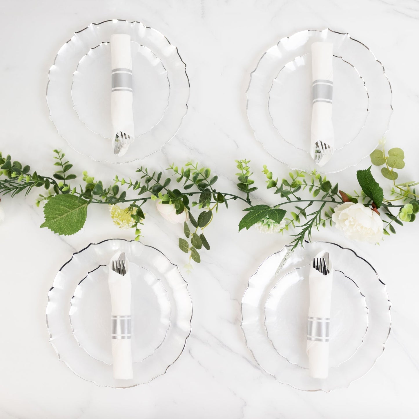 10-Pack Plastic 7" Round Dessert Appetizer Plates in Pearl White Sunflower with Silver Scalloped Rim - Disposable Salad Plates for Classy Events & Banquets