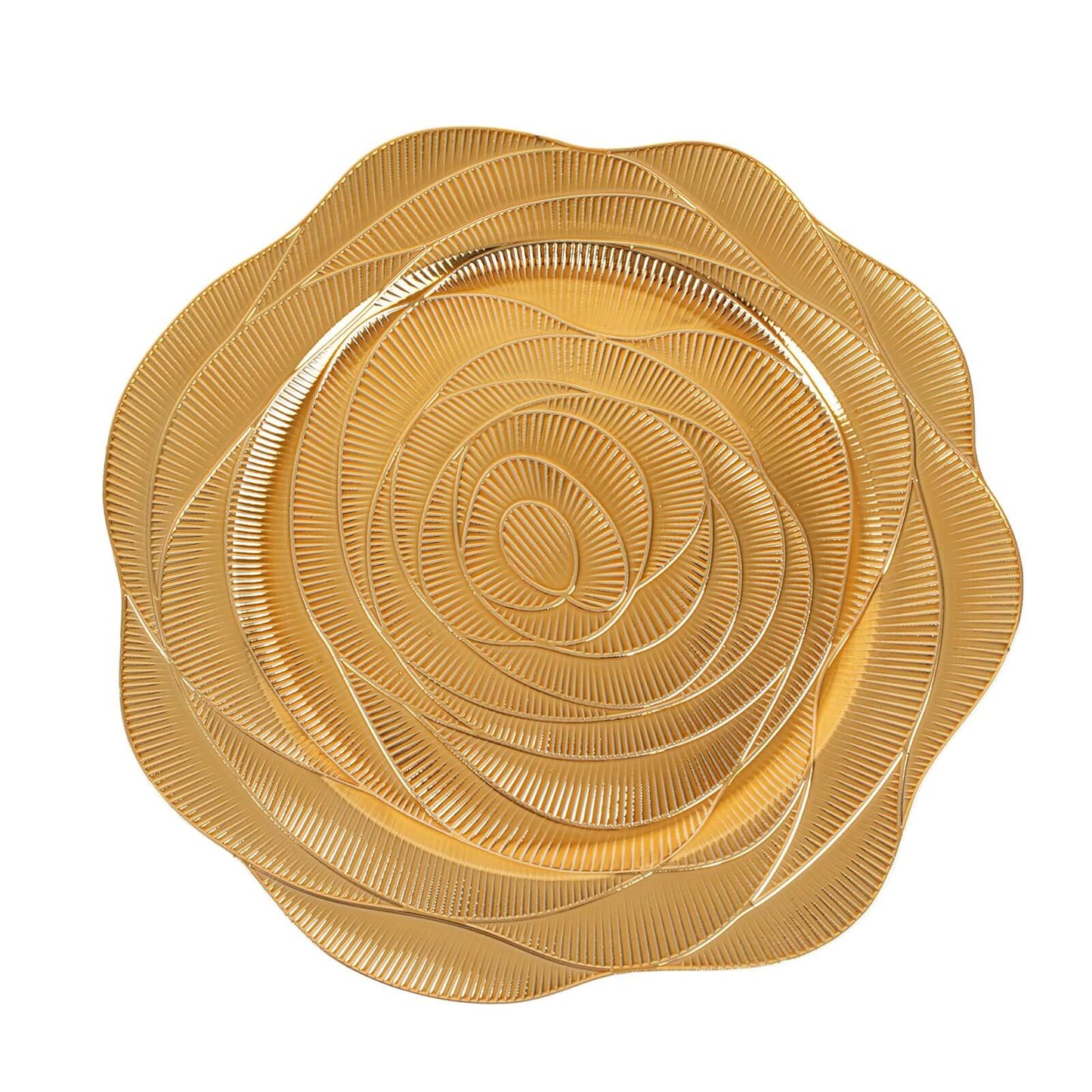 6-Pack Acrylic Round Charger Plates 13" in Metallic Gold with Ribbed Rose Pattern, Event Tabletop Decorative Charger Tableware