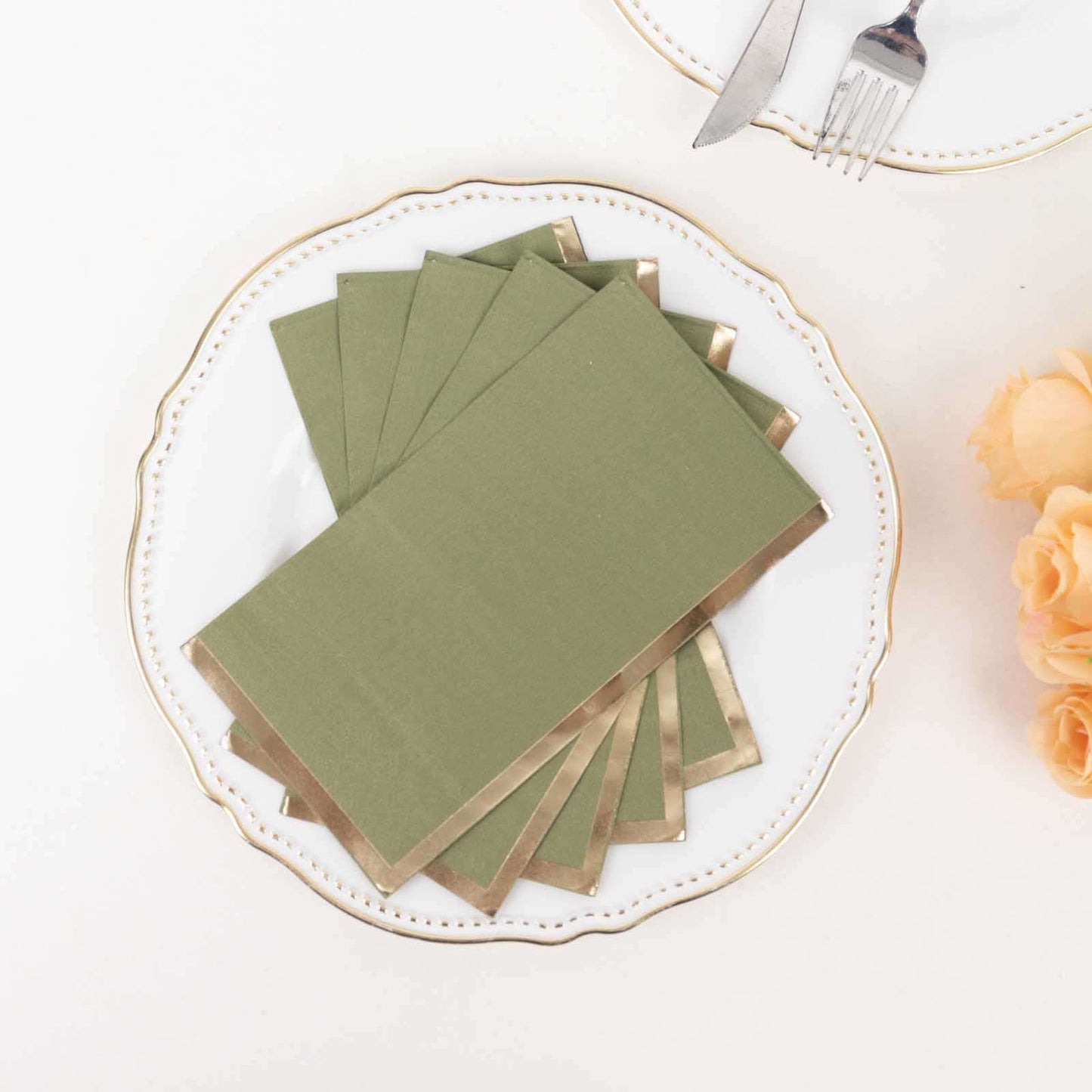 50-Pack Paper Dinner Napkins Dusty Sage Green with Gold Foil Edge 2 Ply - Stylish Disposable Napkins