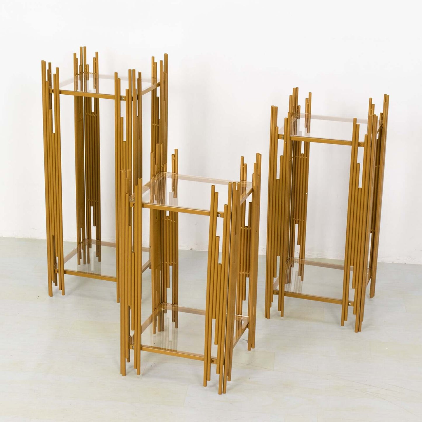 Set of 3 Wedding Pedestal Stands Square Acrylic Plate Design Gold - Metal Flower Display Plinths 26",30",34"