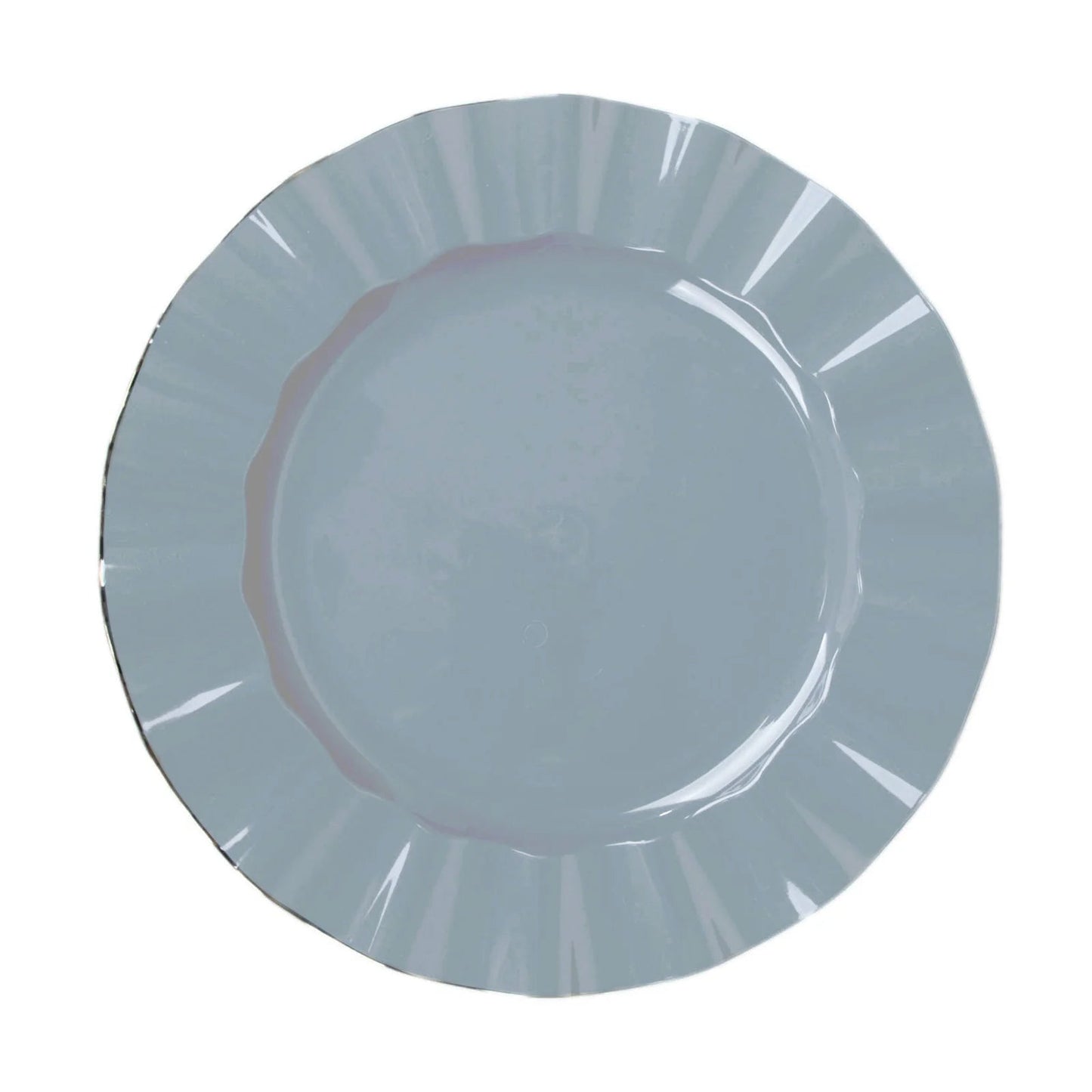 10-Pack Plastic 11" Round Dinner Plates in Dusty Blue Ruffled Rim with Gold Edging - Sturdy Disposable Dinnerware