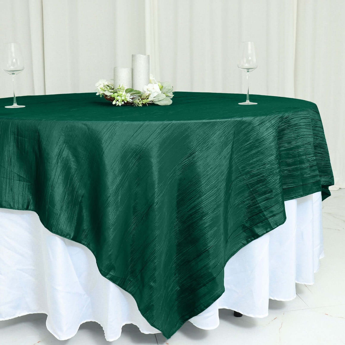 Taffeta 90"x90" Table Overlay Square Tablecloth Hunter Emerald Green - Accordion Crinkle Table Cover