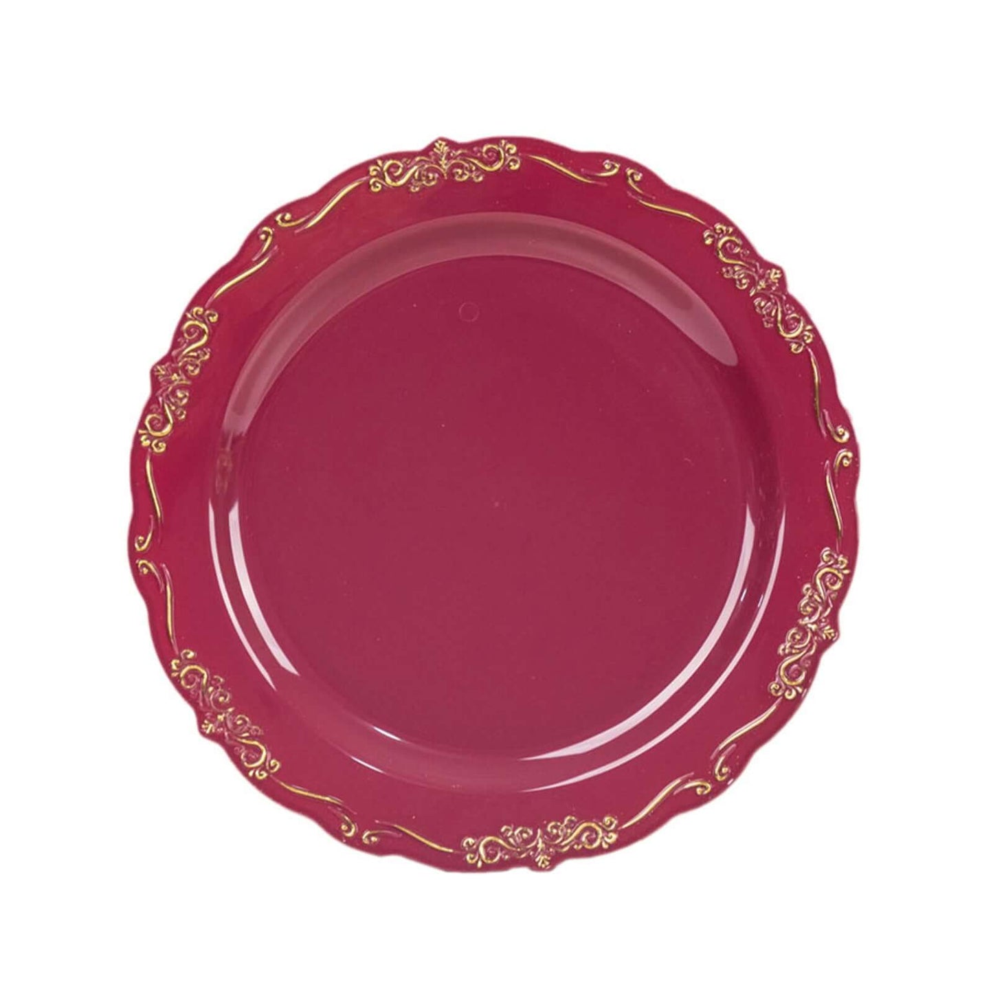 10-Pack Plastic 7" Round Dessert Plates in Burgundy with Gold Vintage Embossed Rim - Sturdy Disposable Scalloped Edge Salad Plates