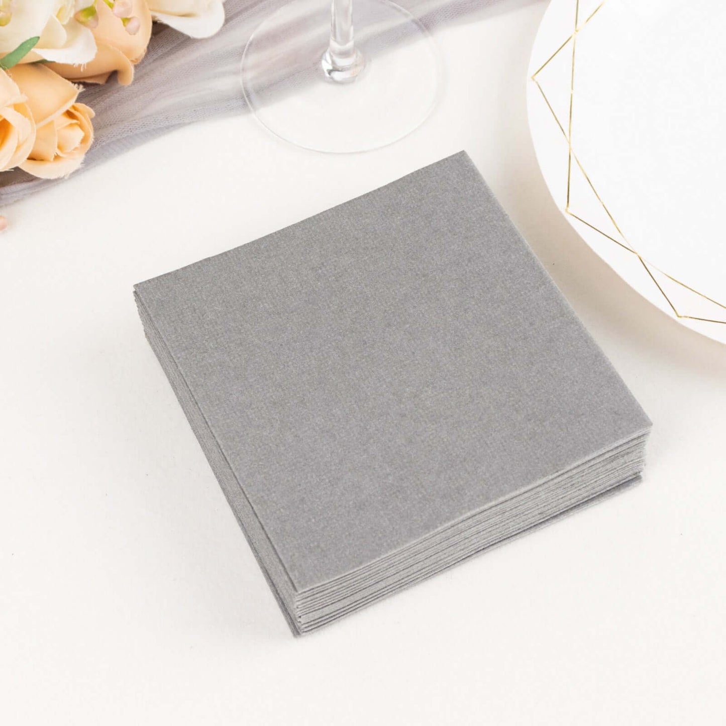 20 Pack Linen-Like Paper 5"x5" Napkins Silver - Highly Absorbent Airlaid Napkins