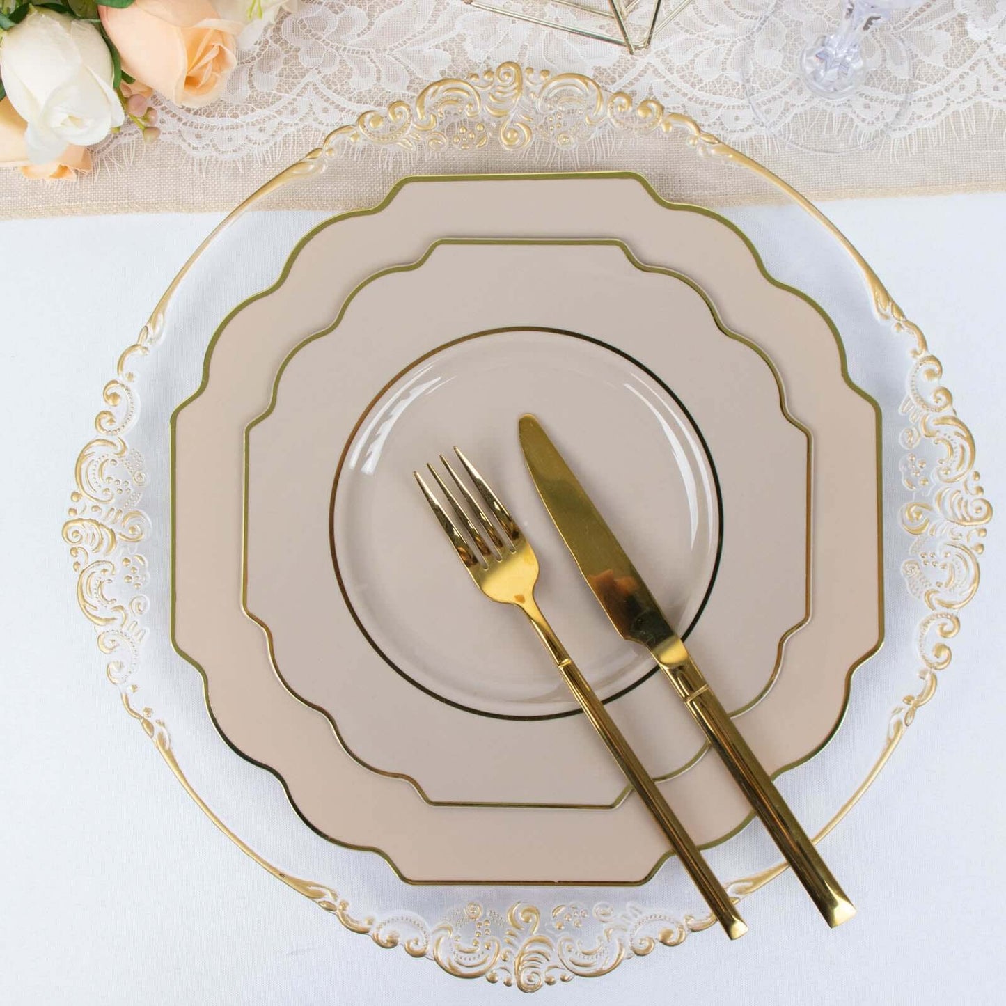 10-Pack Plastic Dessert Appetizer Plates in Taupe Baroque Design with Scalloped Gold Rim - Heavy Duty Disposable Salad Plates 8"
