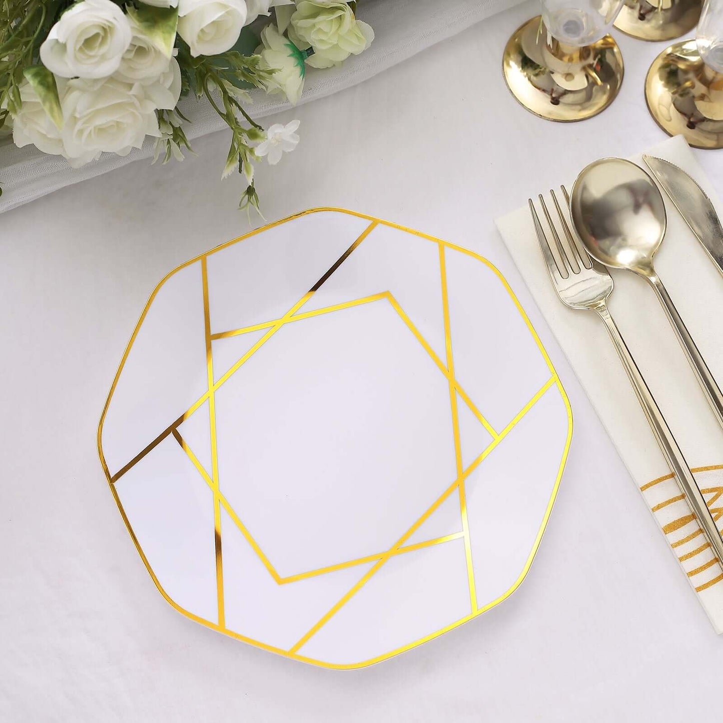 10-Pack Plastic 8" Octagon Dessert Plates in White - Modern Disposable Salad/Appetizer Plates with Gold Geometric Design for Special Occasions & Celebrations