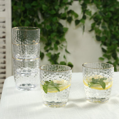 12-Pack Plastic Tumblers Reusable Hammered Cups 14oz â€“ Clear with Gold Rim â€“ Shatterproof Cocktail Drinkware