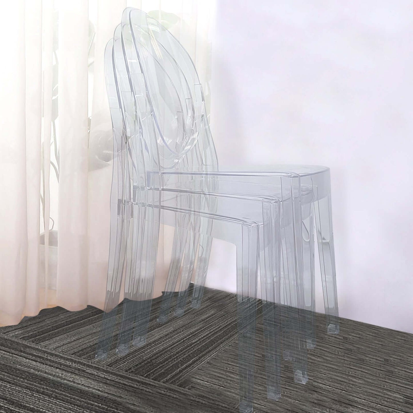 4 Pack Stackable Clear Acrylic Ghost Banquet Chairs with Oval Back, Fully Assembled Armless Event Accent Chair