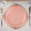 10-Pack Plastic 10" Round Dinner Plates in Dusty Rose with Gold Leaf Embossed Rim - Disposable Vintage Baroque Style Plates