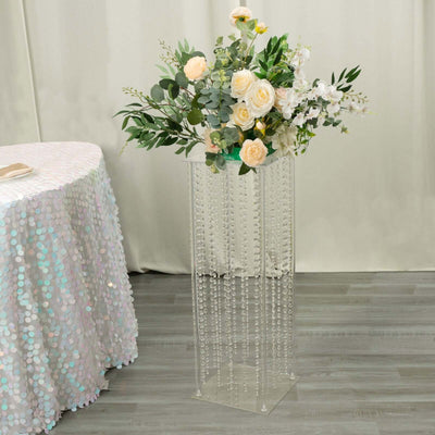 Acrylic Flower Pedestal Vase Pillar Stand with Crystal Beads Clear - Decorative Wedding Floor Centerpiece 32"