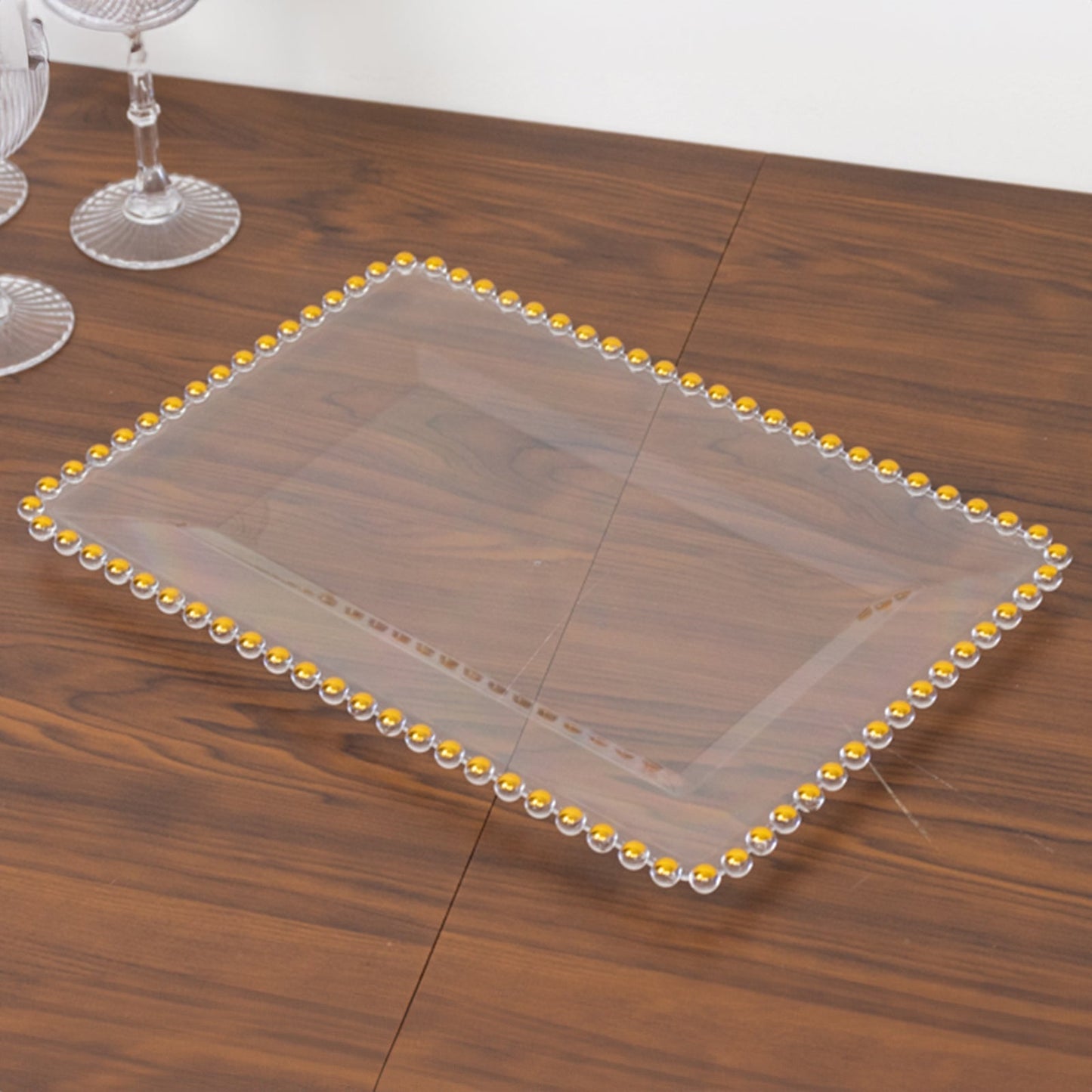 6-Pack Rectangular Acrylic Serving Trays Clear with Gold Beaded Rim - Food and Dessert Platters 9"x13"