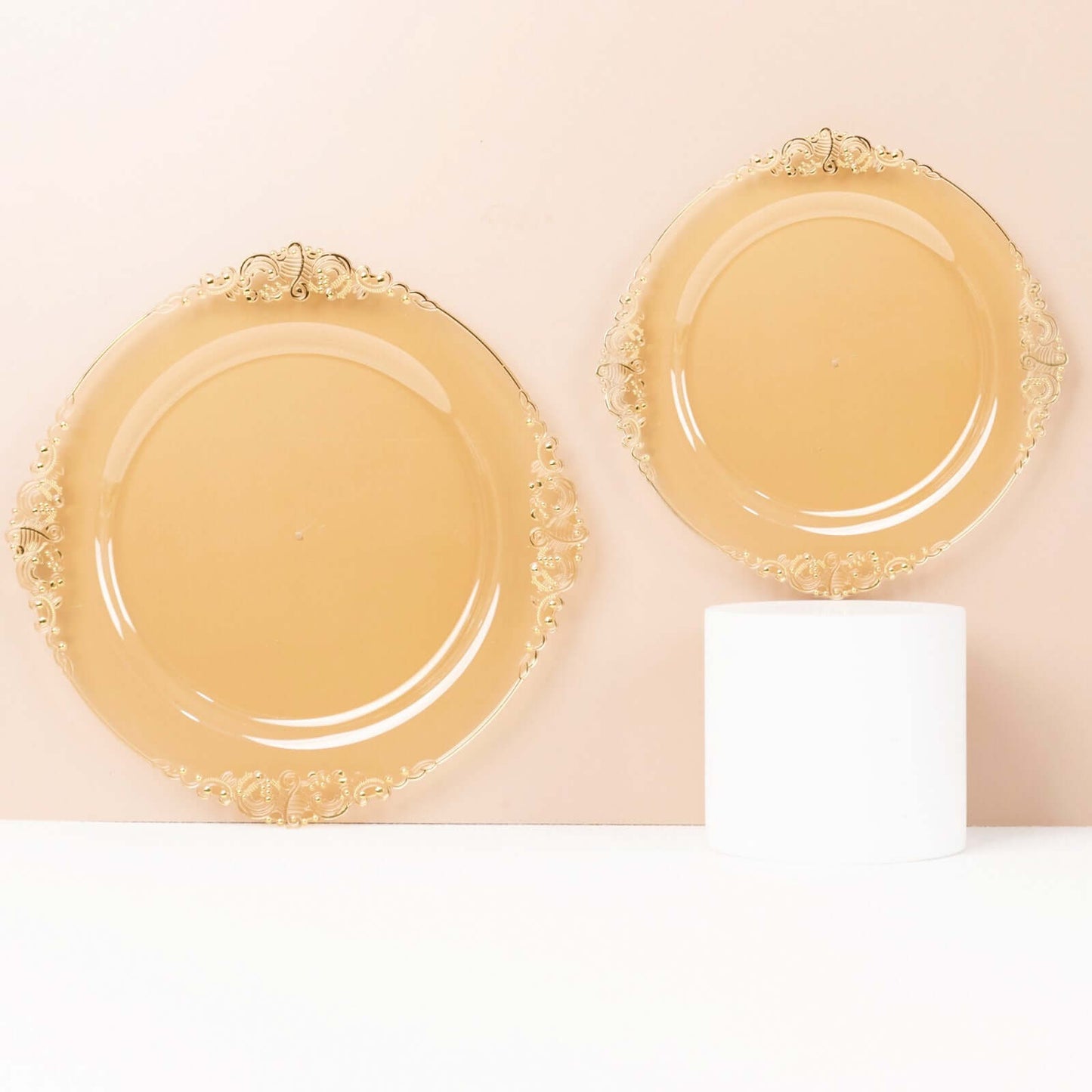 10-Pack Plastic 8" Round Dessert Plates in Transparent Amber Gold with Gold Leaf Embossed Rim - Disposable Vintage Baroque Style Salad Plates