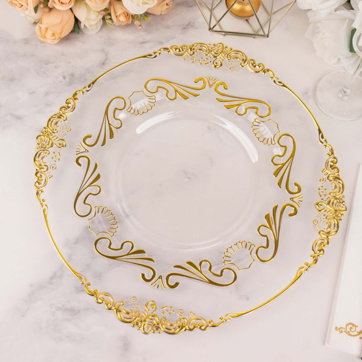 10-Pack Plastic 10" Round Dinner Plates in Clear with Gold Vintage Baroque Scalloped Rim - European Style Disposable Party Plates