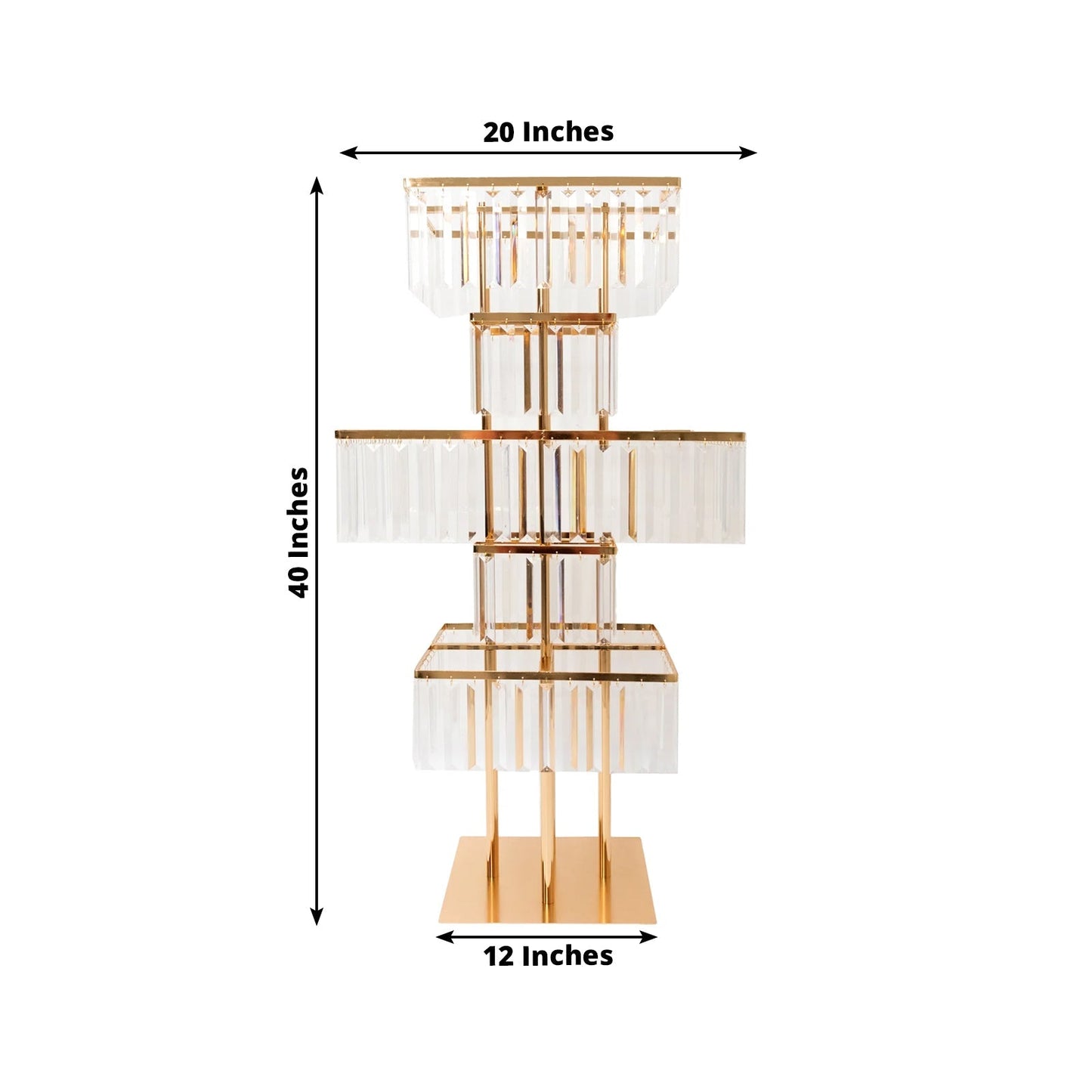 40" Crystal Pendant Table Centerpiece in 5-Tier Gold, Square Flower Stand Metal Vase Chandelier with Hanging Crystals