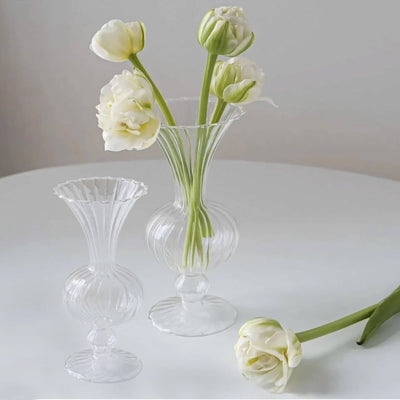 Set of 4 Glass Flower Vases Nordic Style with Petals Texture Clear - Transparent Bud Planters for Wedding Table Decor 7", 9"