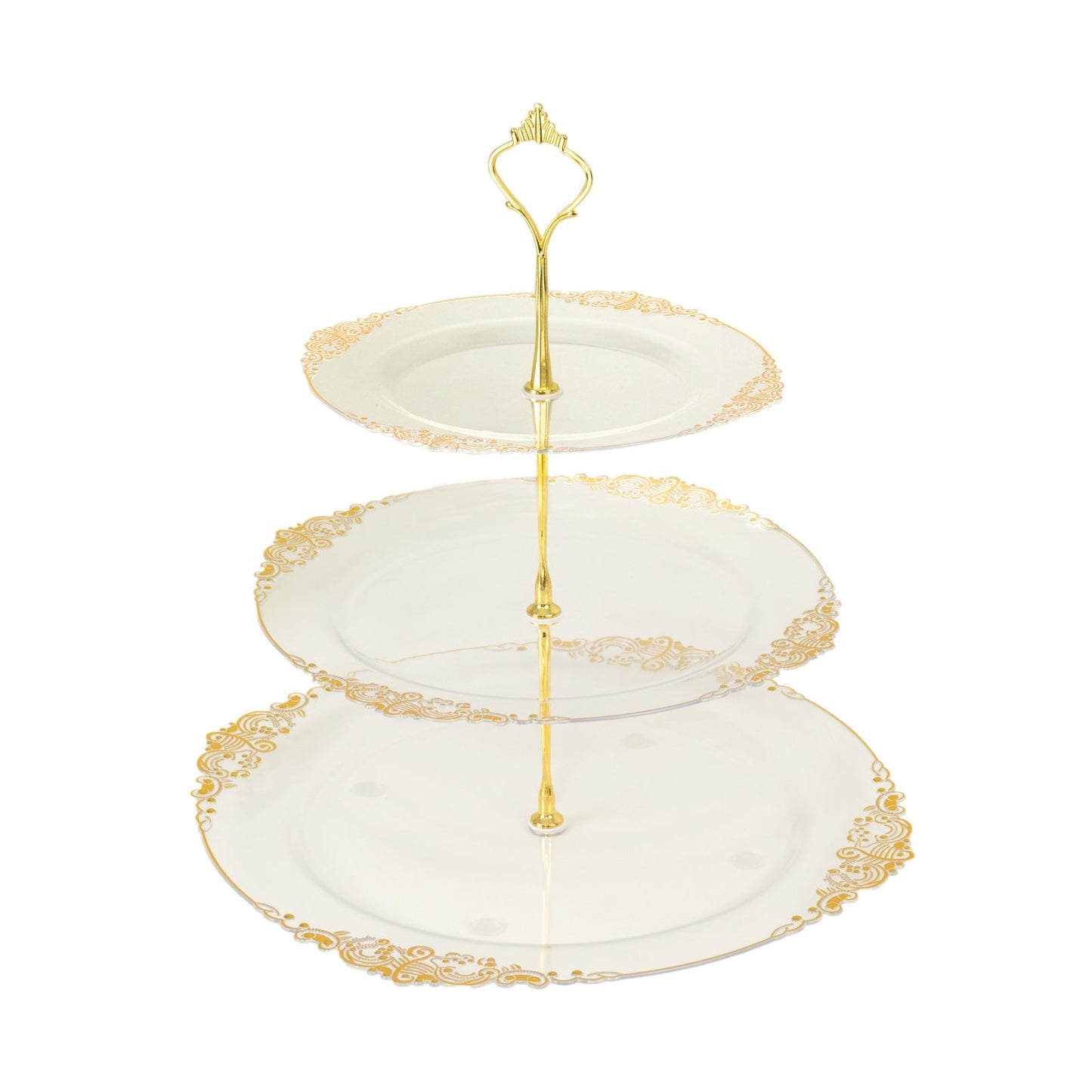 3-Tier Clear Plastic Cupcake Tower Stand with Gold Embossed Baroque Rim, 13" Round Cake Dessert Holder Display Stand Tiered Serving Tray with Top Handle
