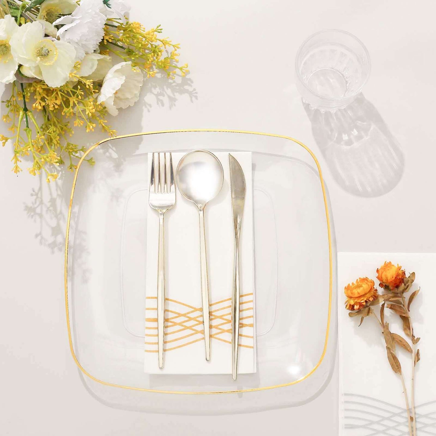 10-Pack Plastic 10" Square Dinner Plates in Clear with Gold Rim - Classy Disposable Lunch Party Plates