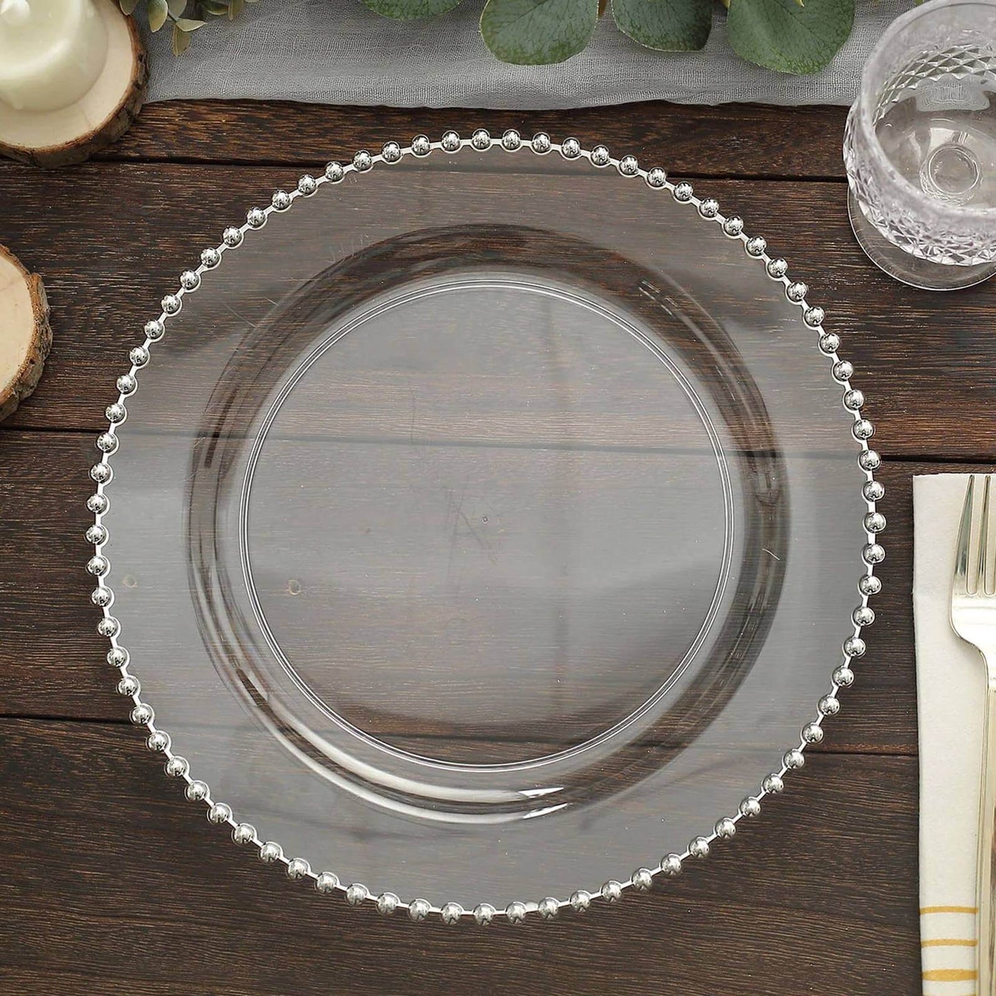 10-Pack Plastic 10" Round Dinner Plates in Clear with Silver Beaded Rim - Disposable Party Plates for Banquets & Festive Occasions