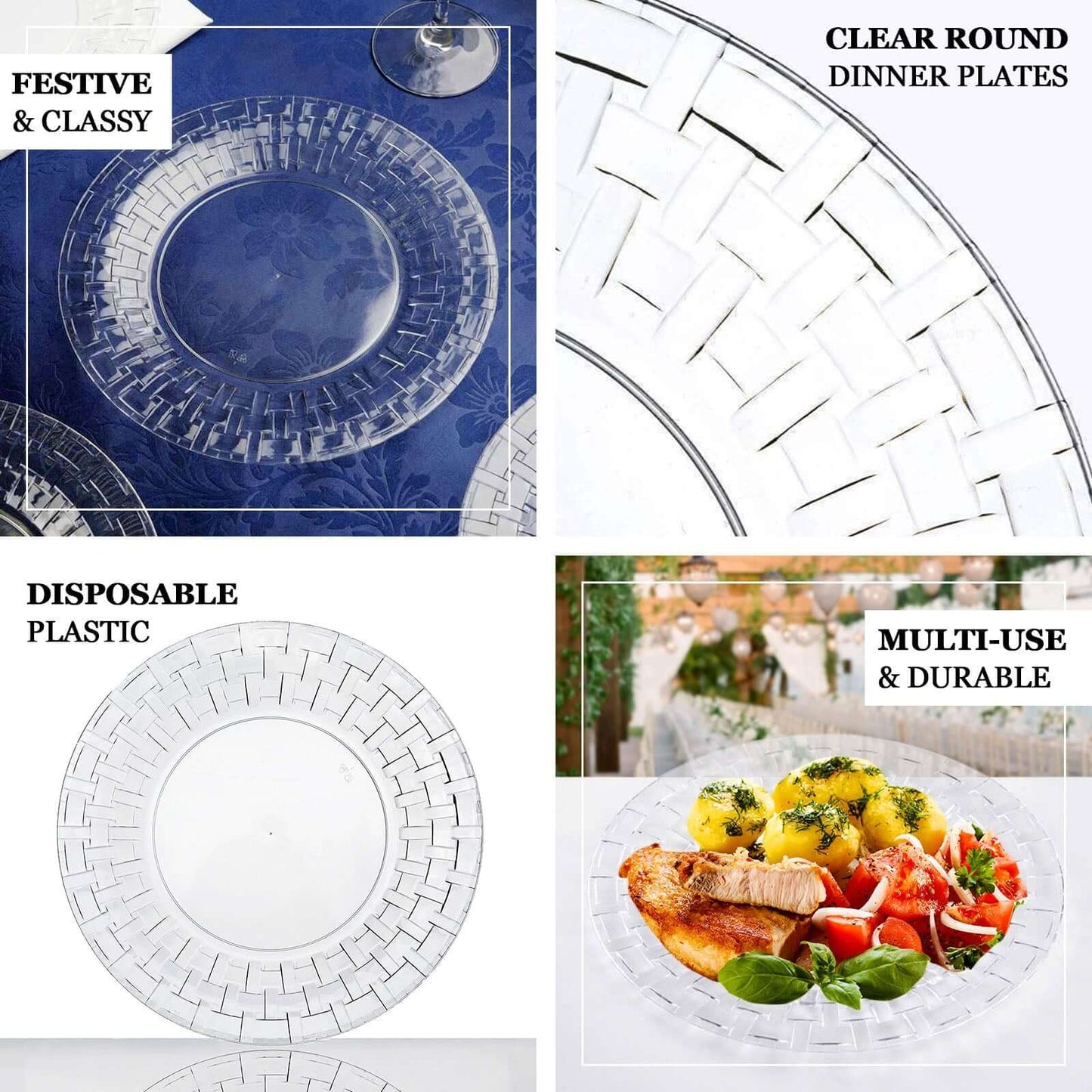 10-Pack Plastic Dinner Plates White Basketweave Rim - Durable Disposable Dinner Plates 10"