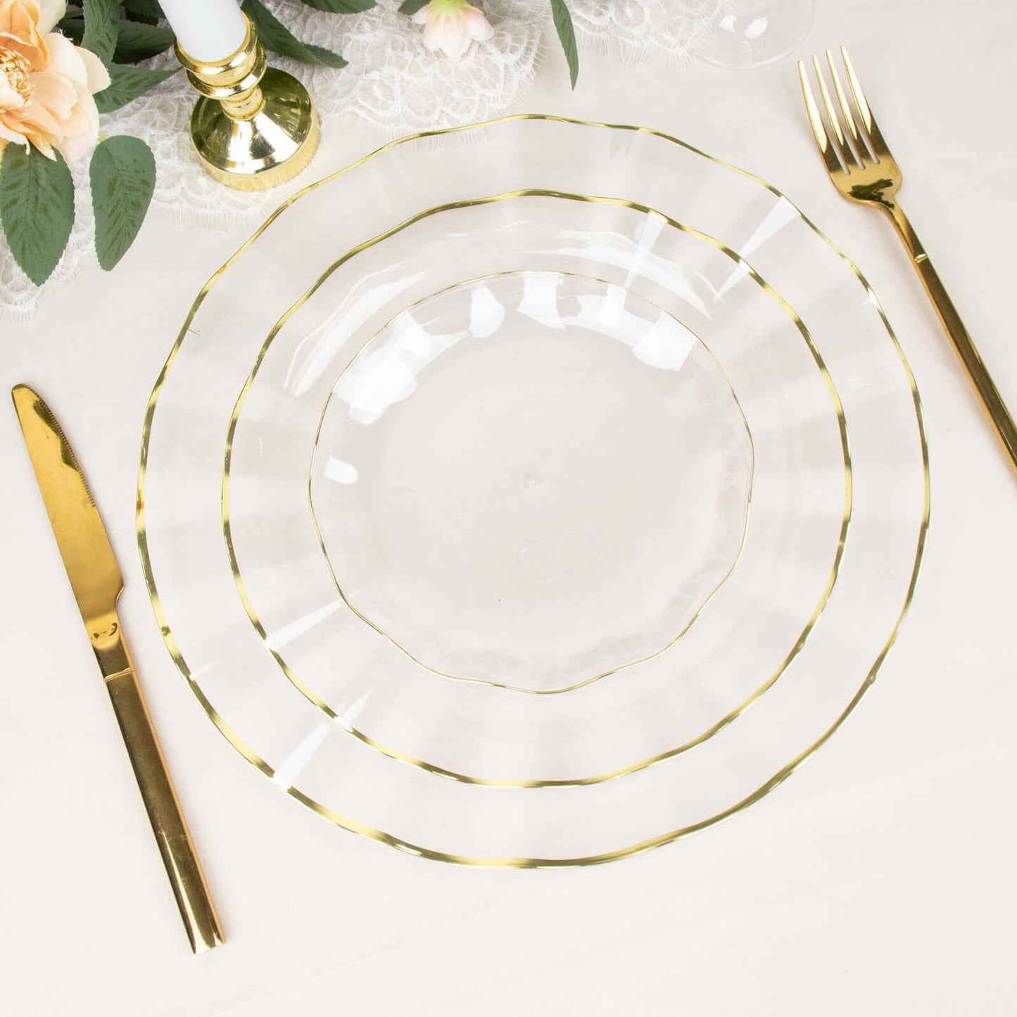 10-Pack Plastic Round 6" Dessert Plates in Clear Ruffled Rim with Gold Edging - Sturdy Disposable Salad Appetizer Dinnerware