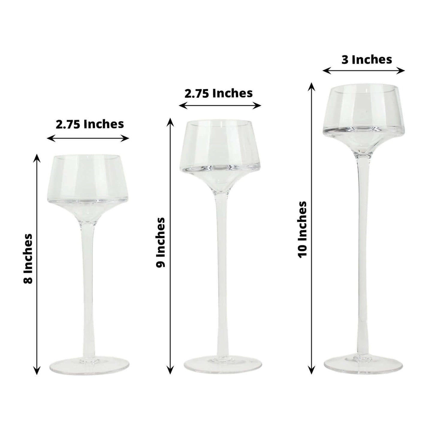 Set of 3 Glass Pedestal Vases Long Stem Clear - Tall Disc Candle Holders for Floral Centerpieces 8", 9", 10"