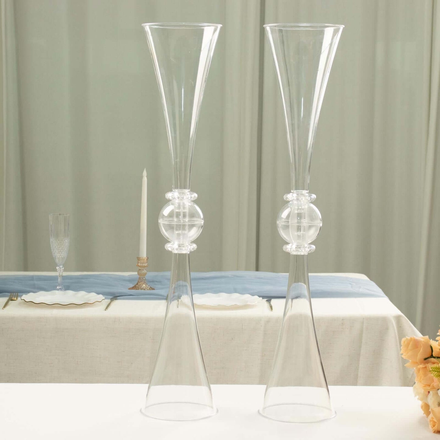 2-Pack Flower Vases Trumpet Design with Crystal Embellishments Clear - Reversible Plastic Centerpieces for Events 27"