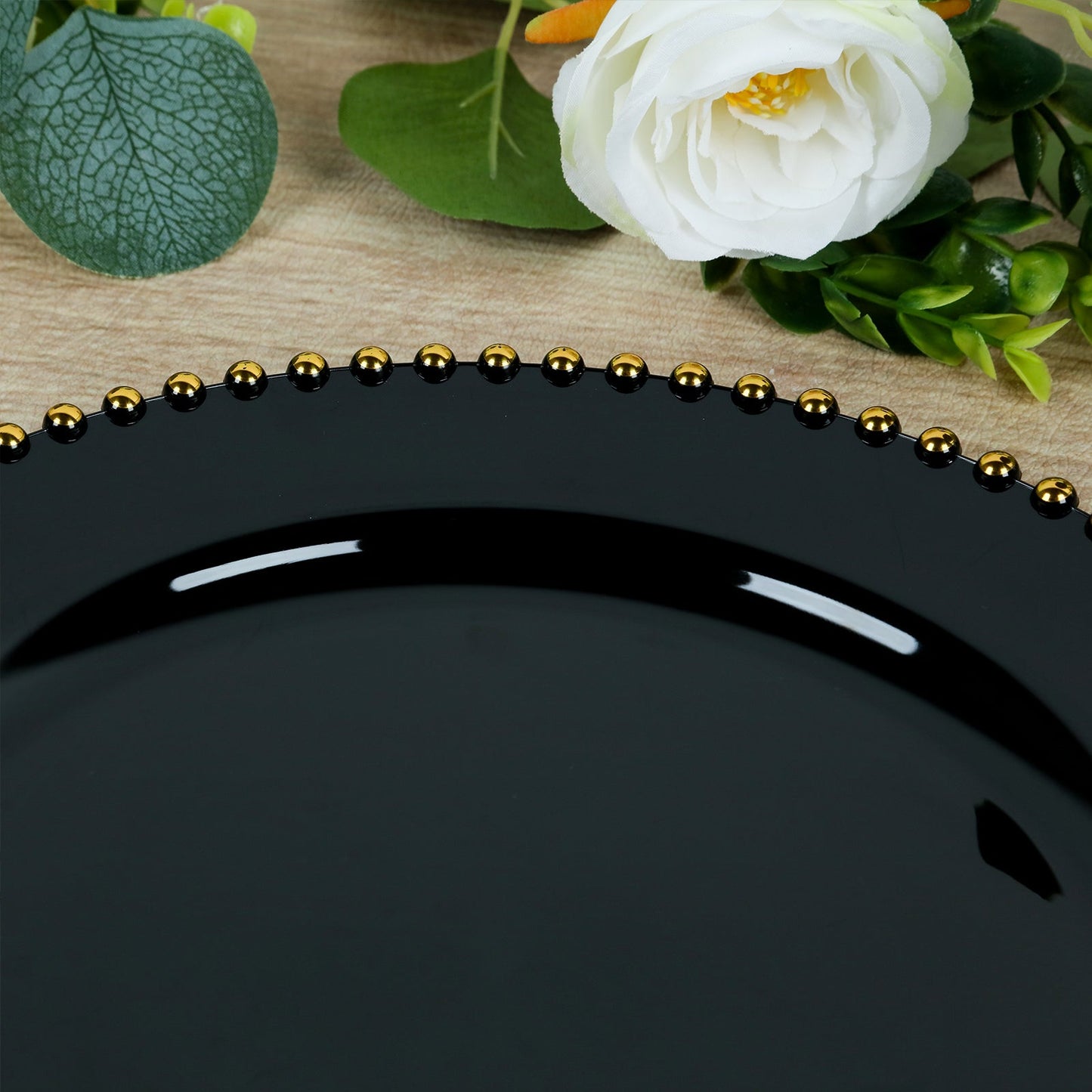 10-Pack Black Plastic Dessert Plates â€“ 8" Round with Gold Beaded Rim, Disposable for Parties & Events