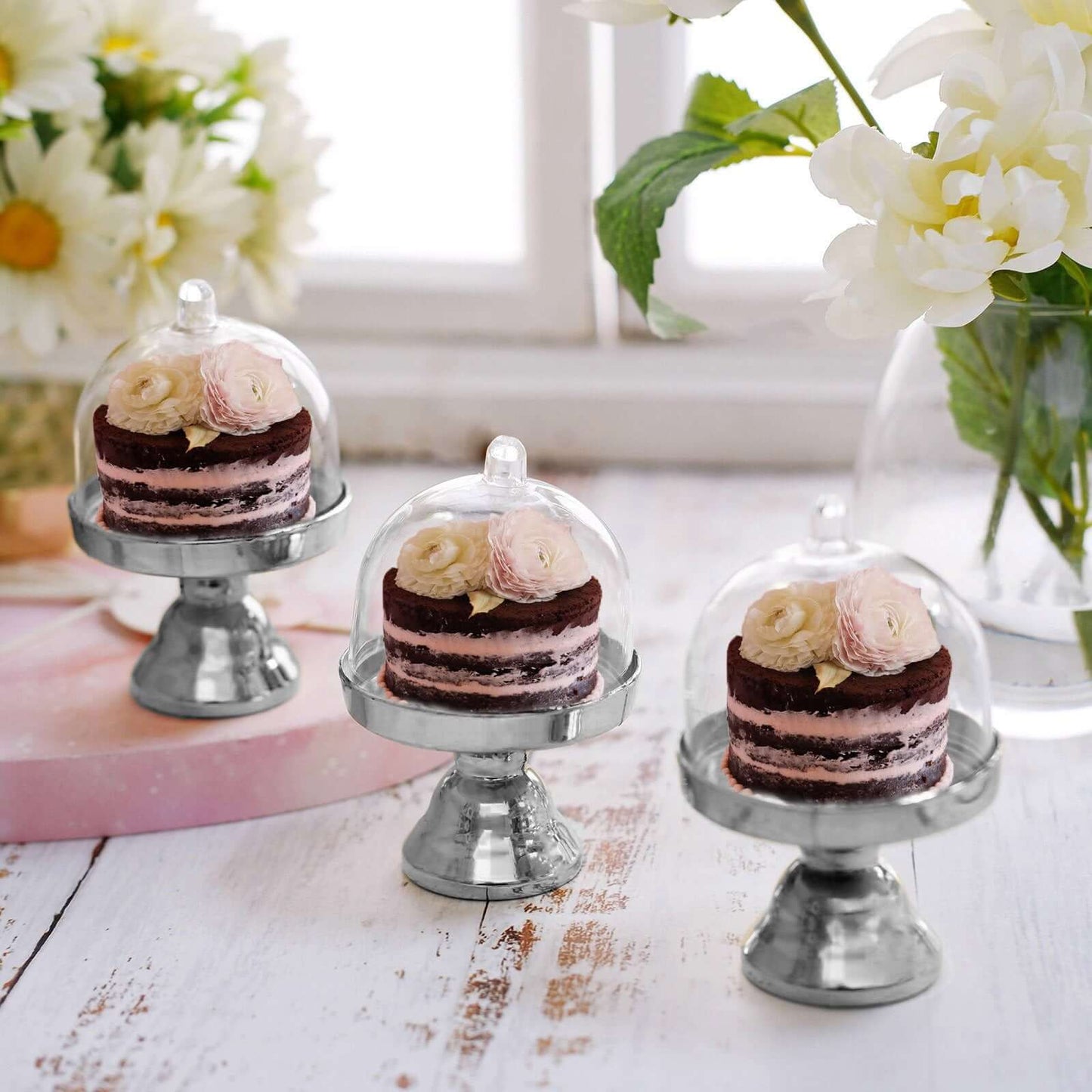 12-Pack Fillable Mini Pedestal Candy Container Clear/Silver - Stylish Candy Treat Favor Containers with Dome Lid 3"